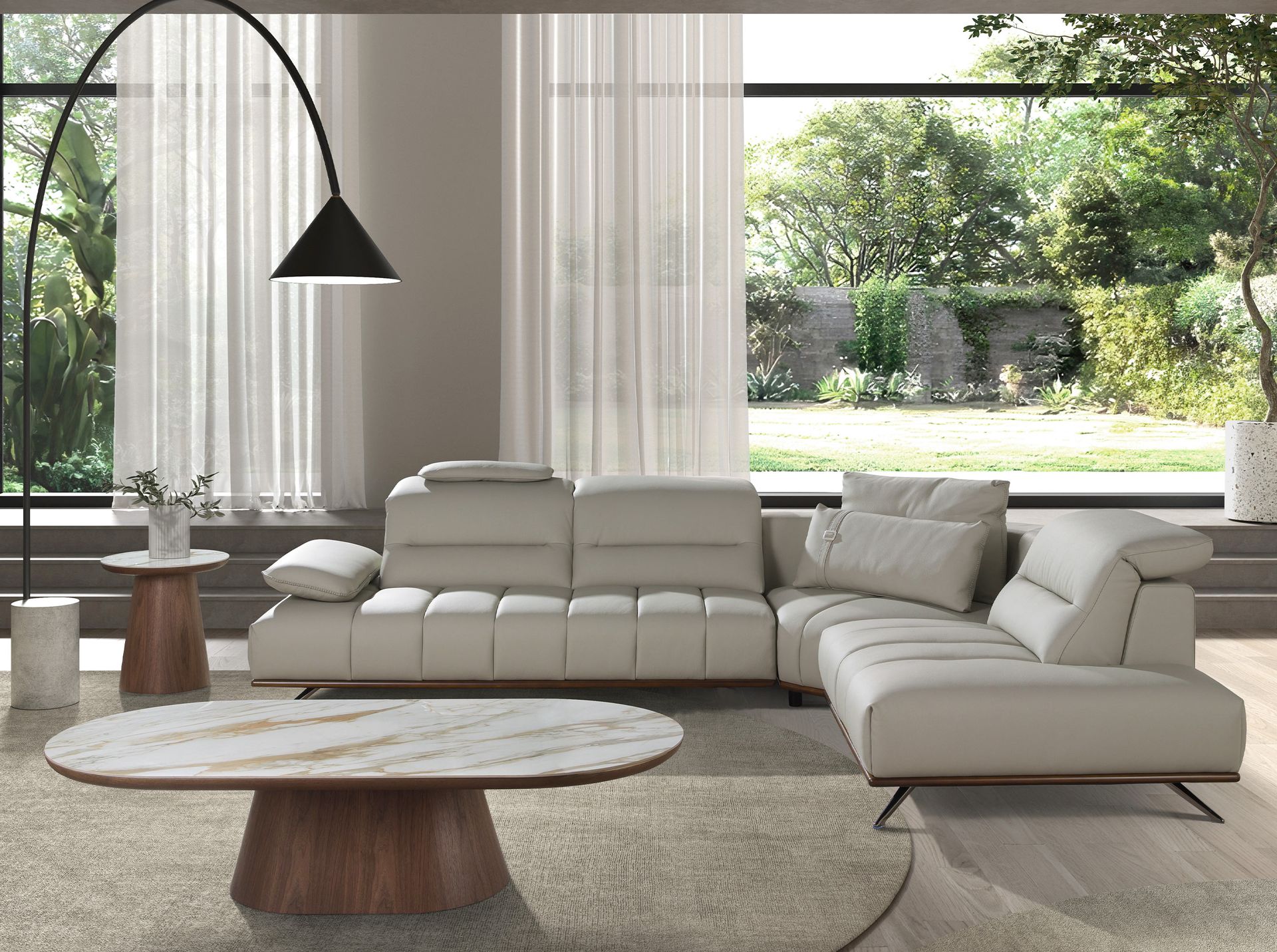 Right chaise longue sofa in light grey leather