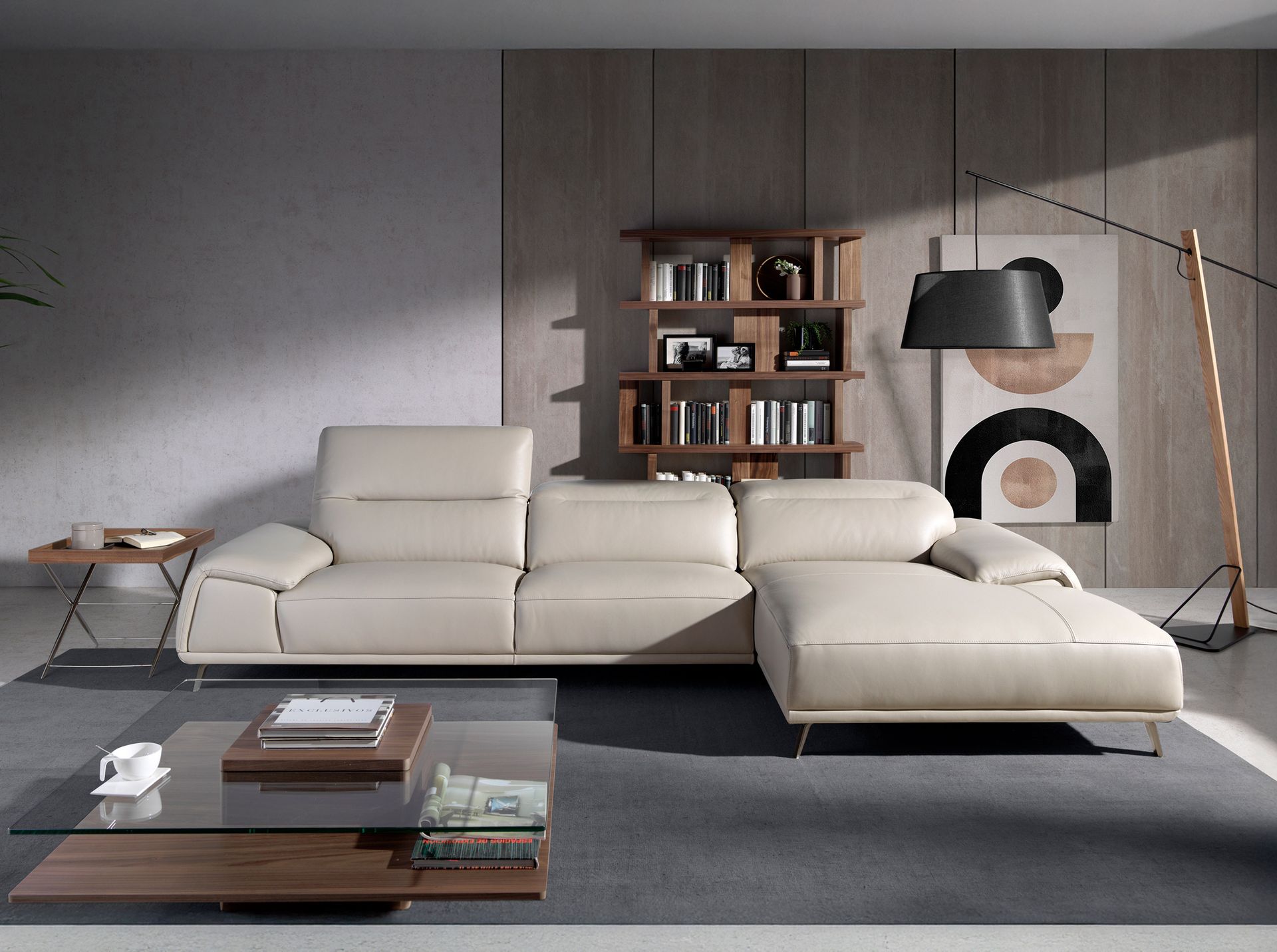 Right chaise longue sofa in taupe grey leather