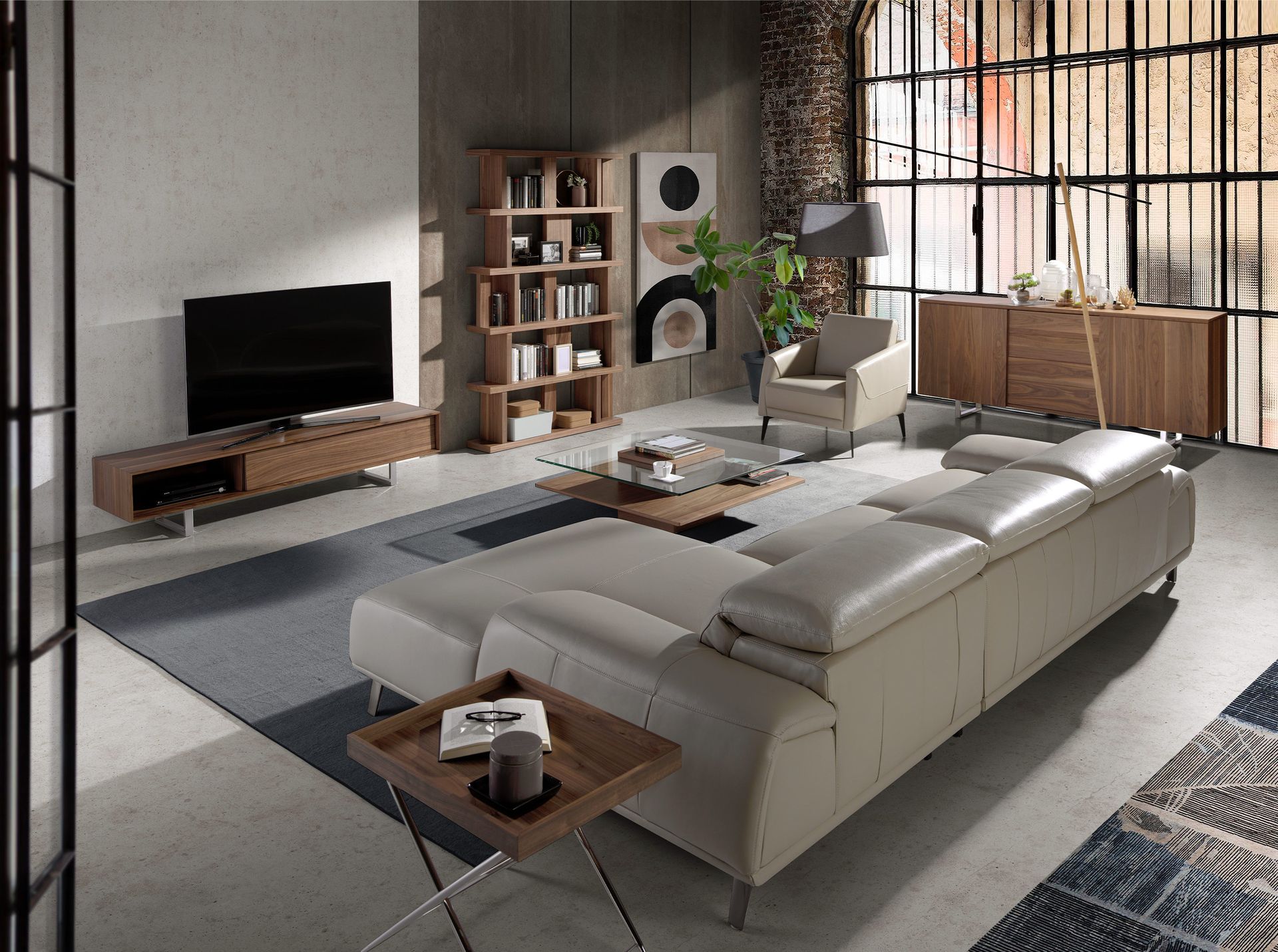 Right chaise longue sofa in taupe grey leather