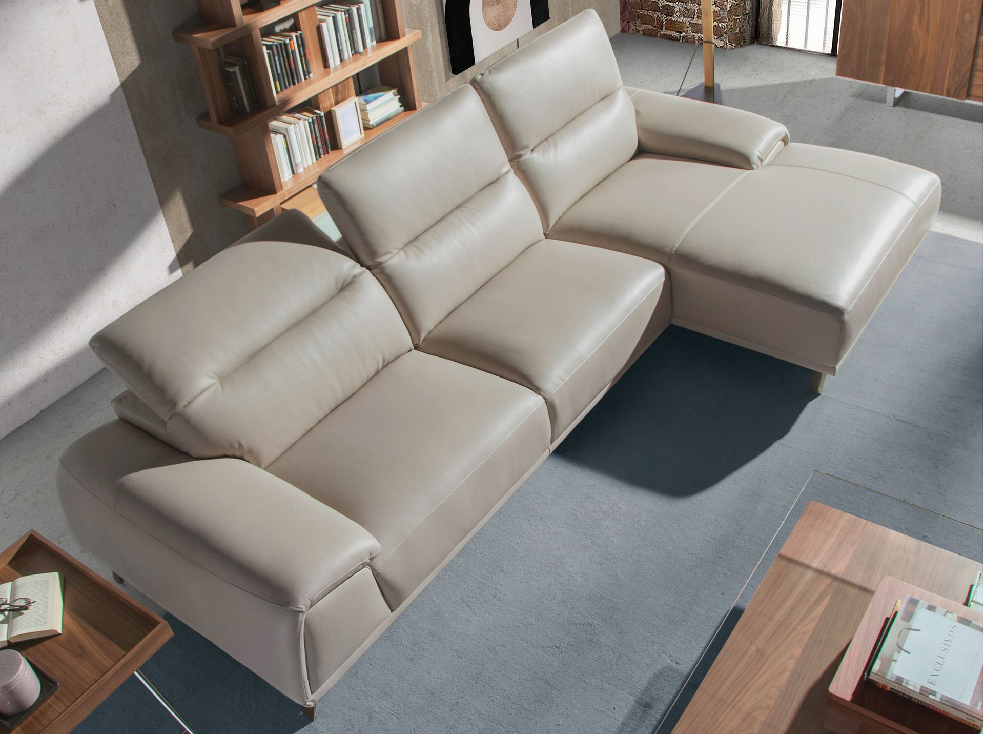 Right chaise longue sofa in taupe grey leather