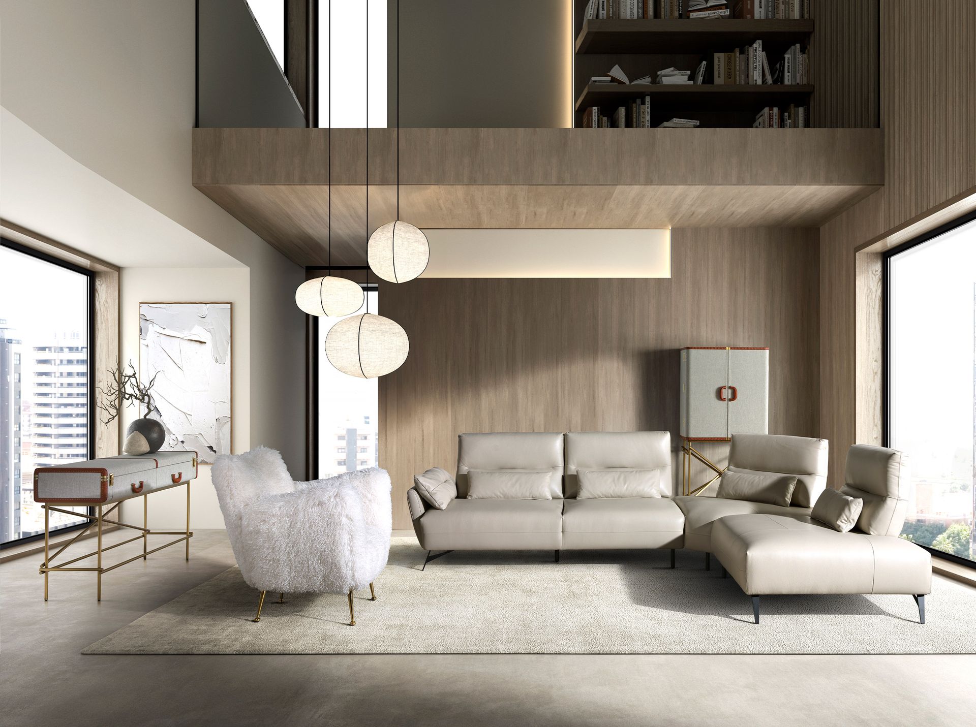Right chaise longue sofa sand leather