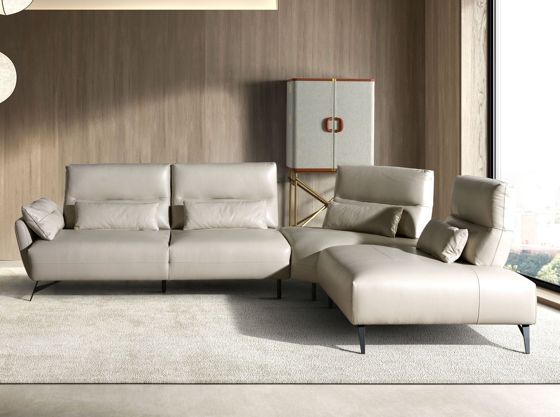 Right chaise longue sofa sand leather