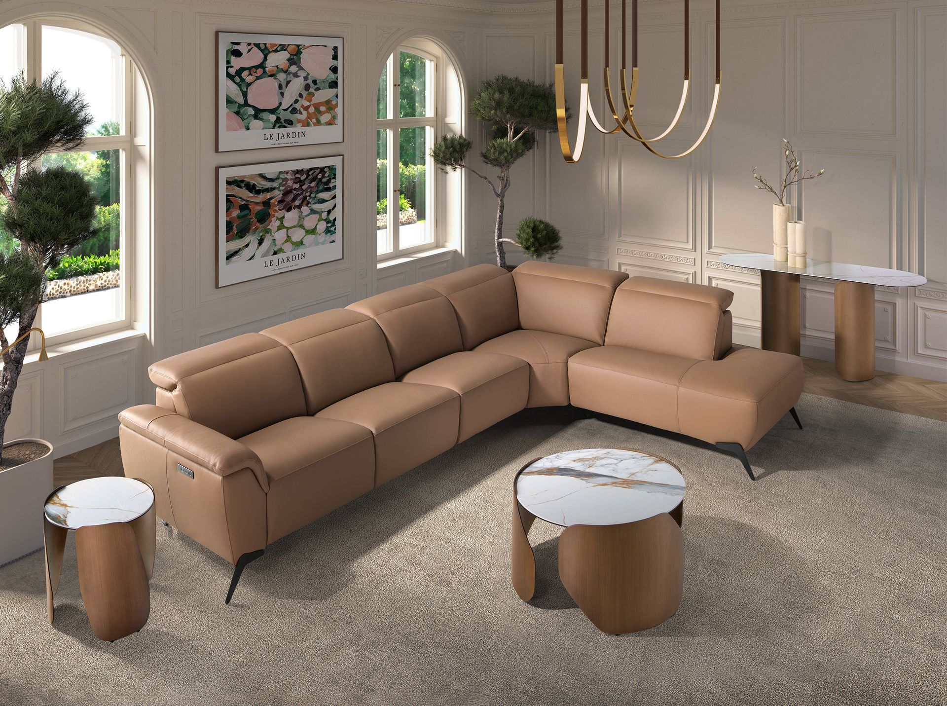 Right modular chaise longue recliner sofa in brown leather