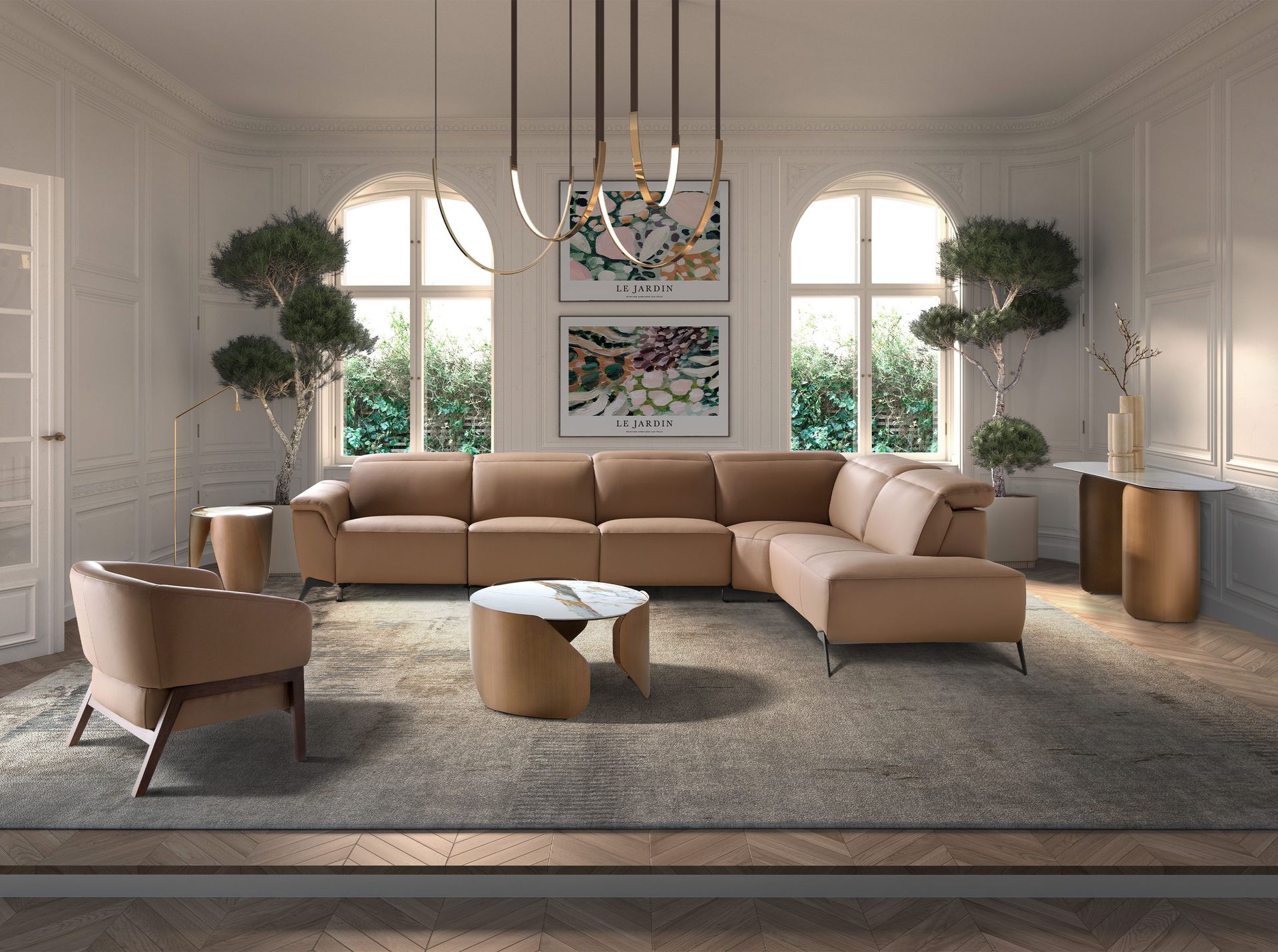 Right modular chaise longue recliner sofa in brown leather