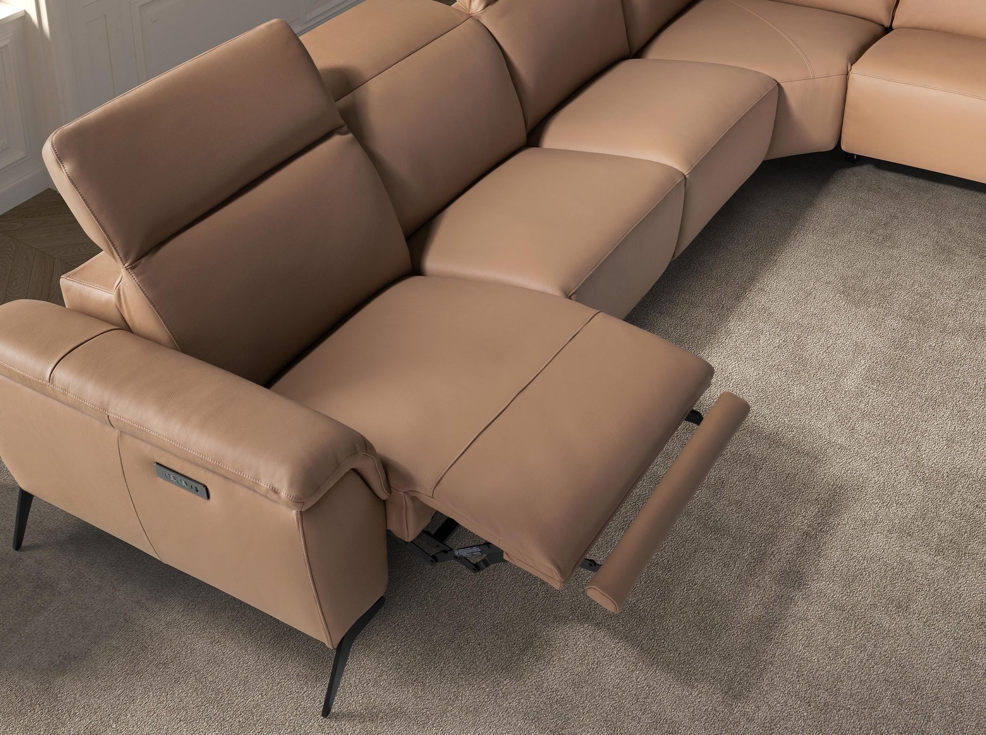 Right modular chaise longue recliner sofa in brown leather