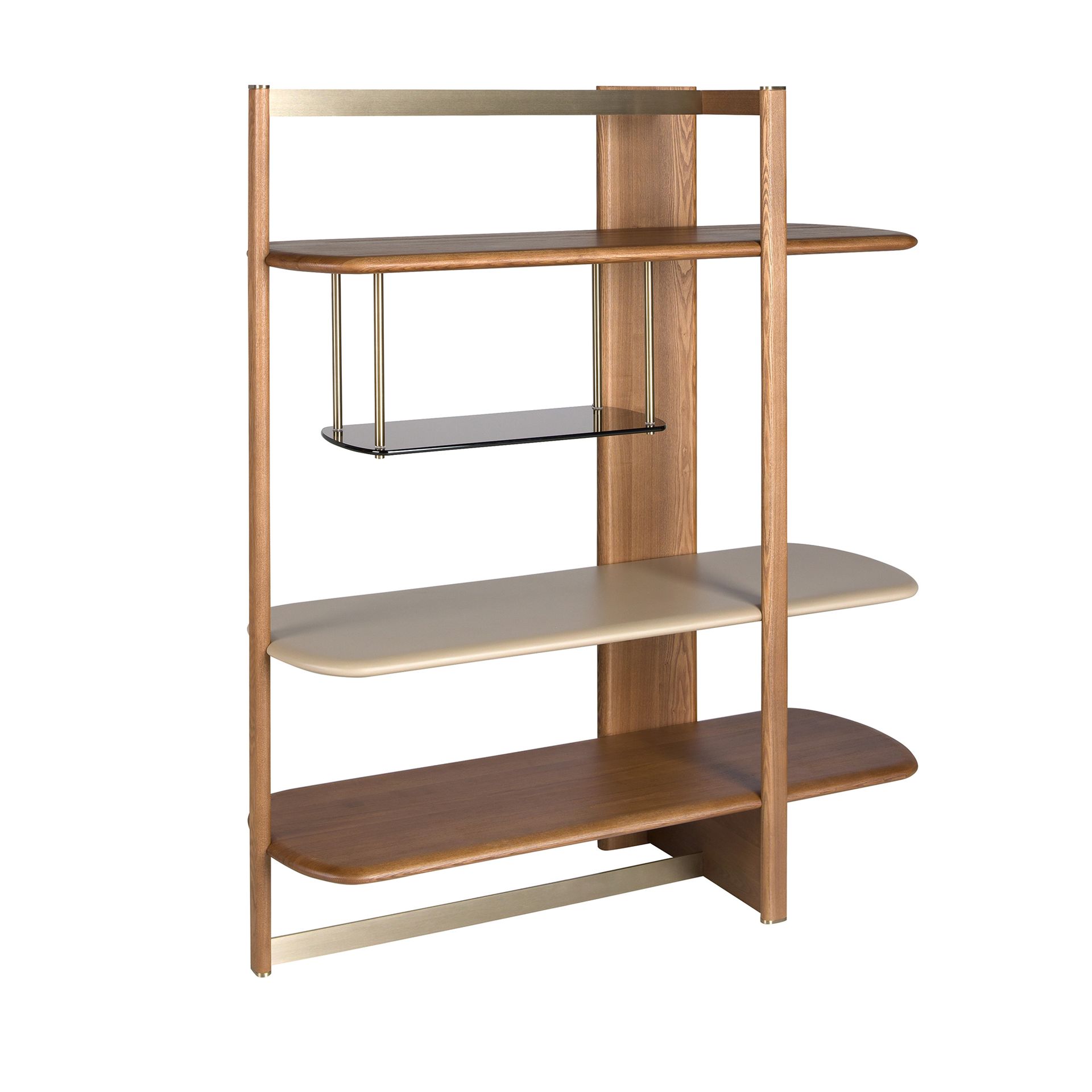 Right rectangular shelving unit in light walnut and greige-coloured wood