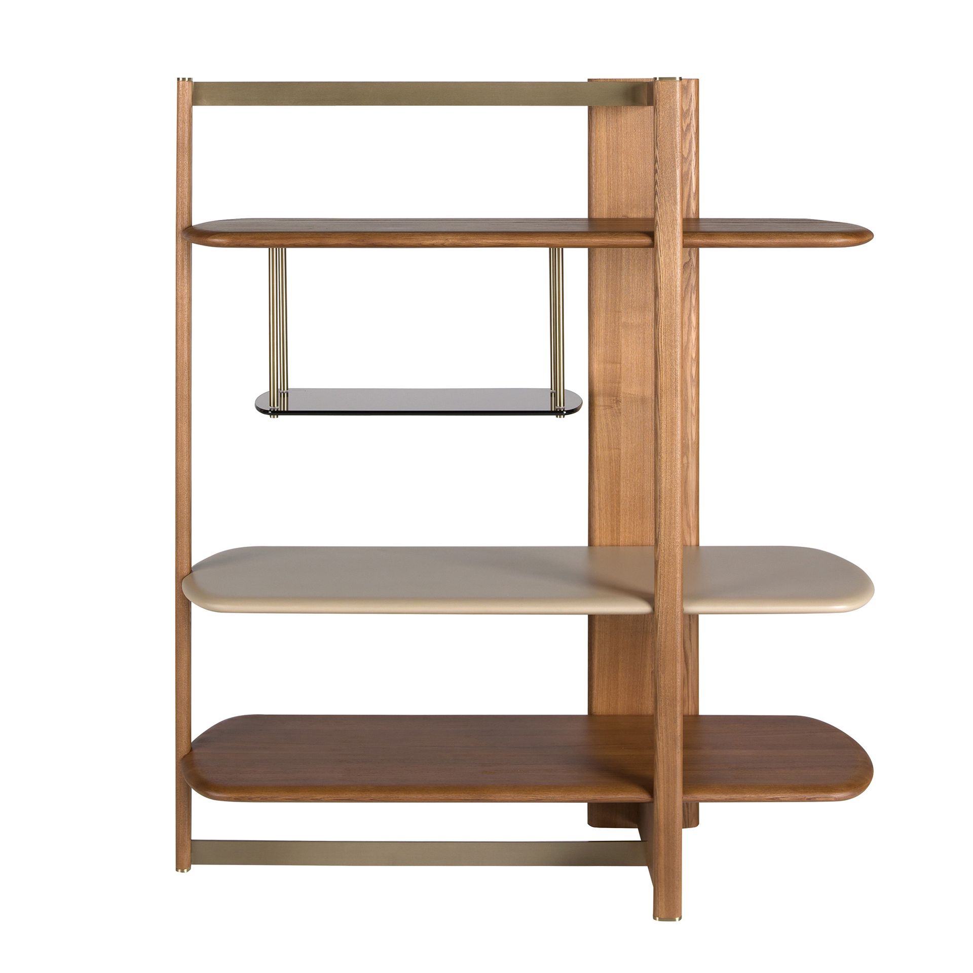 Right rectangular shelving unit in light walnut and greige-coloured wood