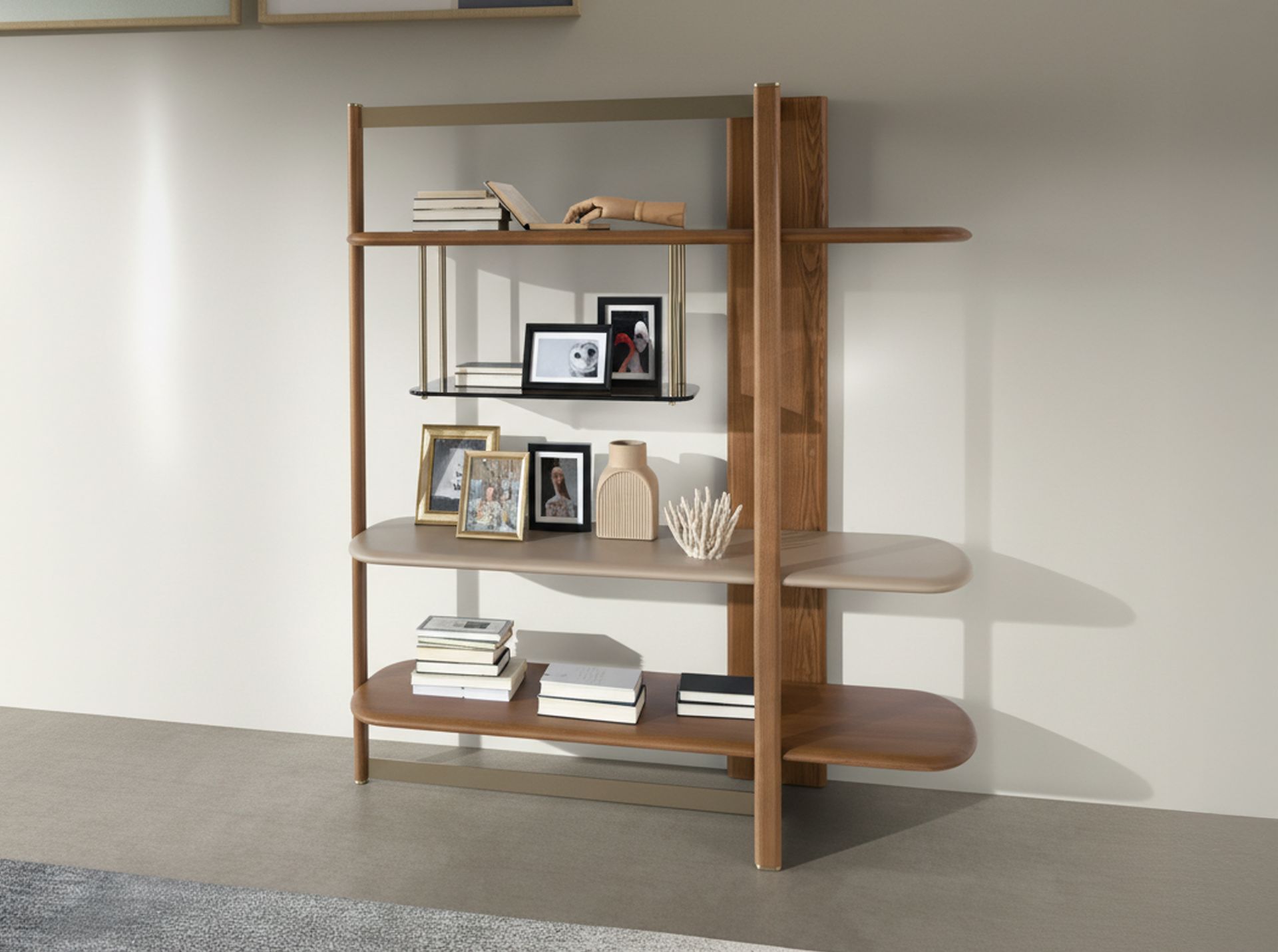 Right rectangular shelving unit in light walnut and greige-coloured wood