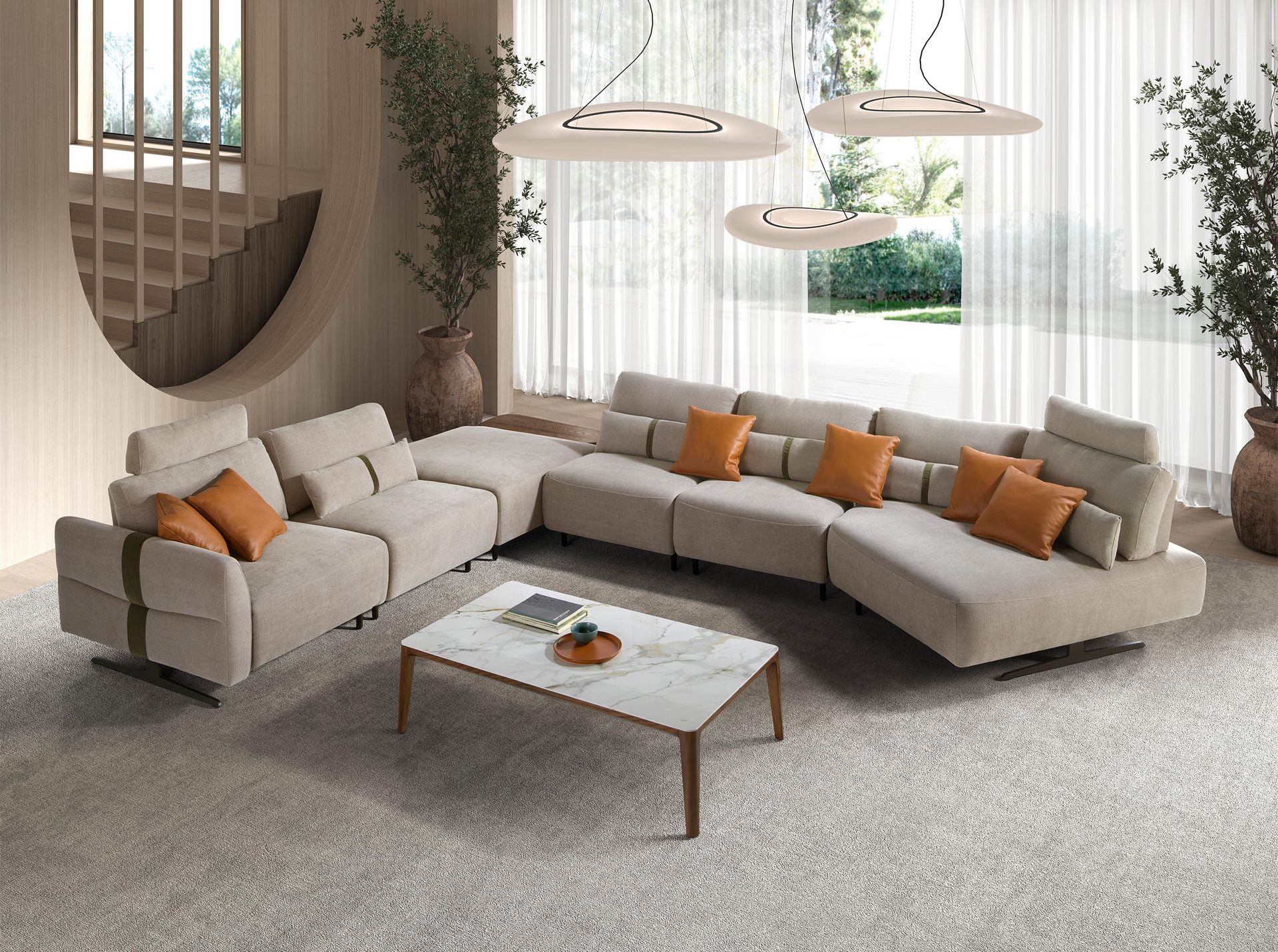Right-hand modular chaise longue sofa in sand fabric