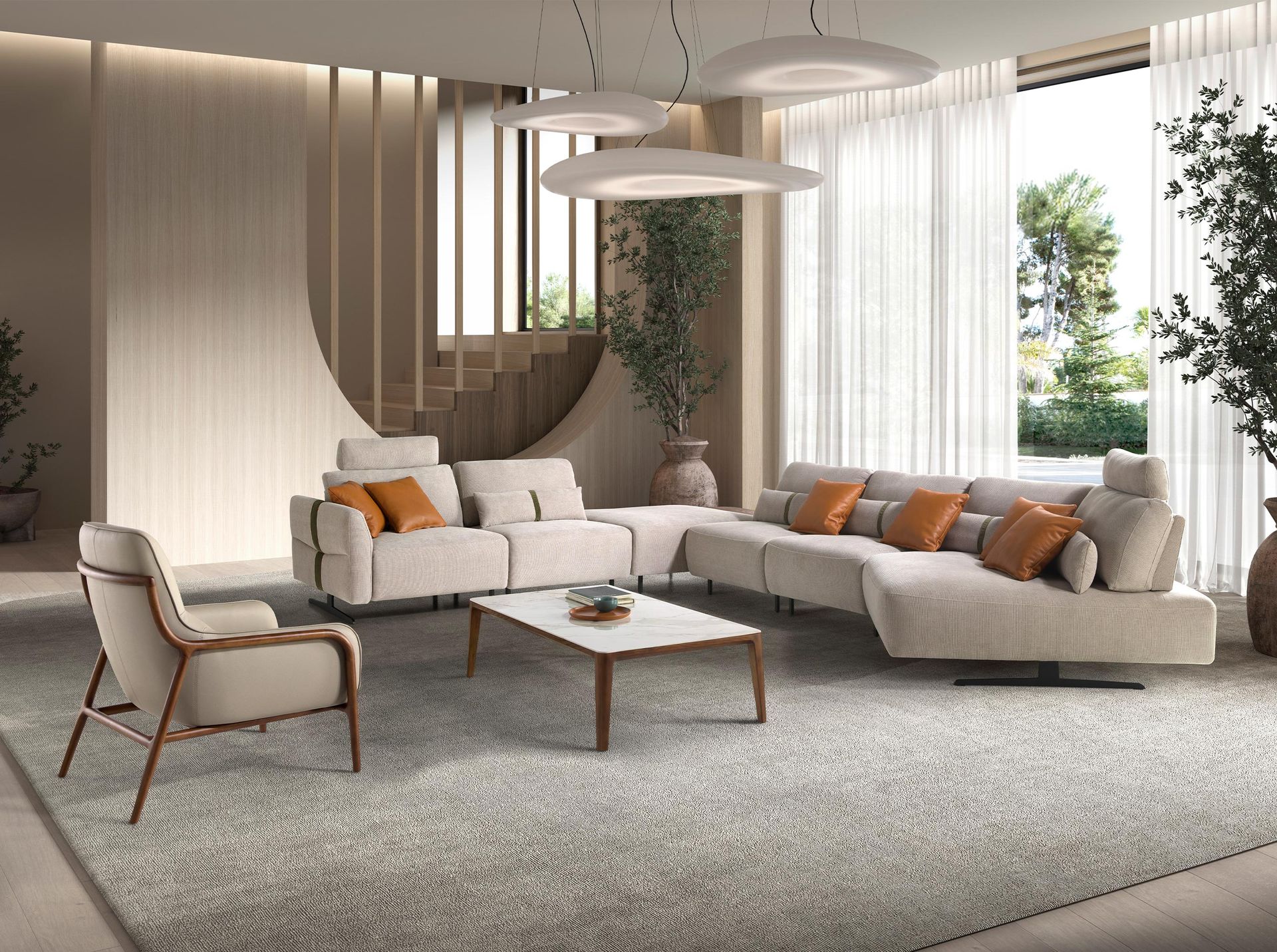 Right-hand modular chaise longue sofa in sand fabric