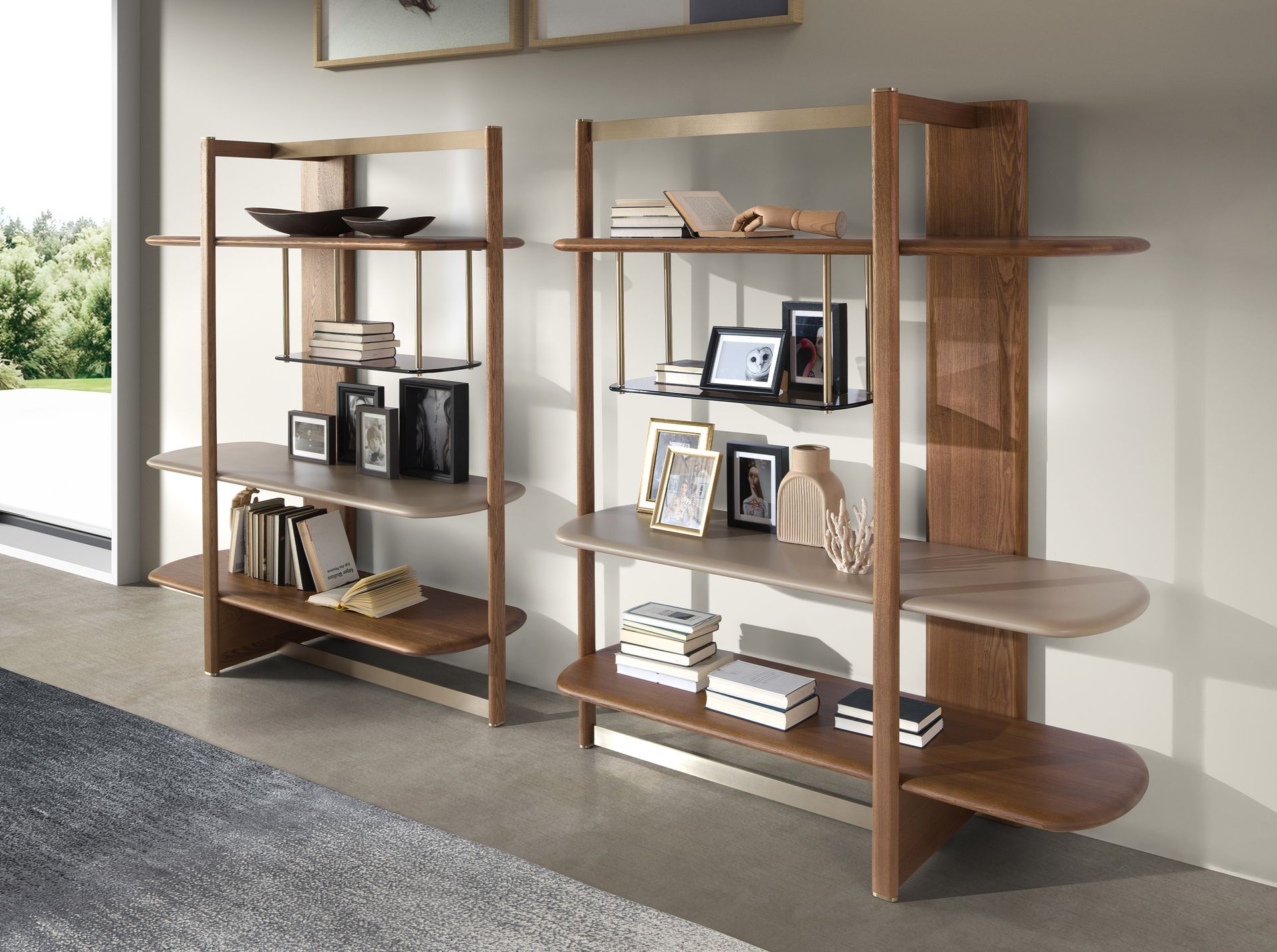 Right rectangular shelving unit in light walnut and greige-coloured wood