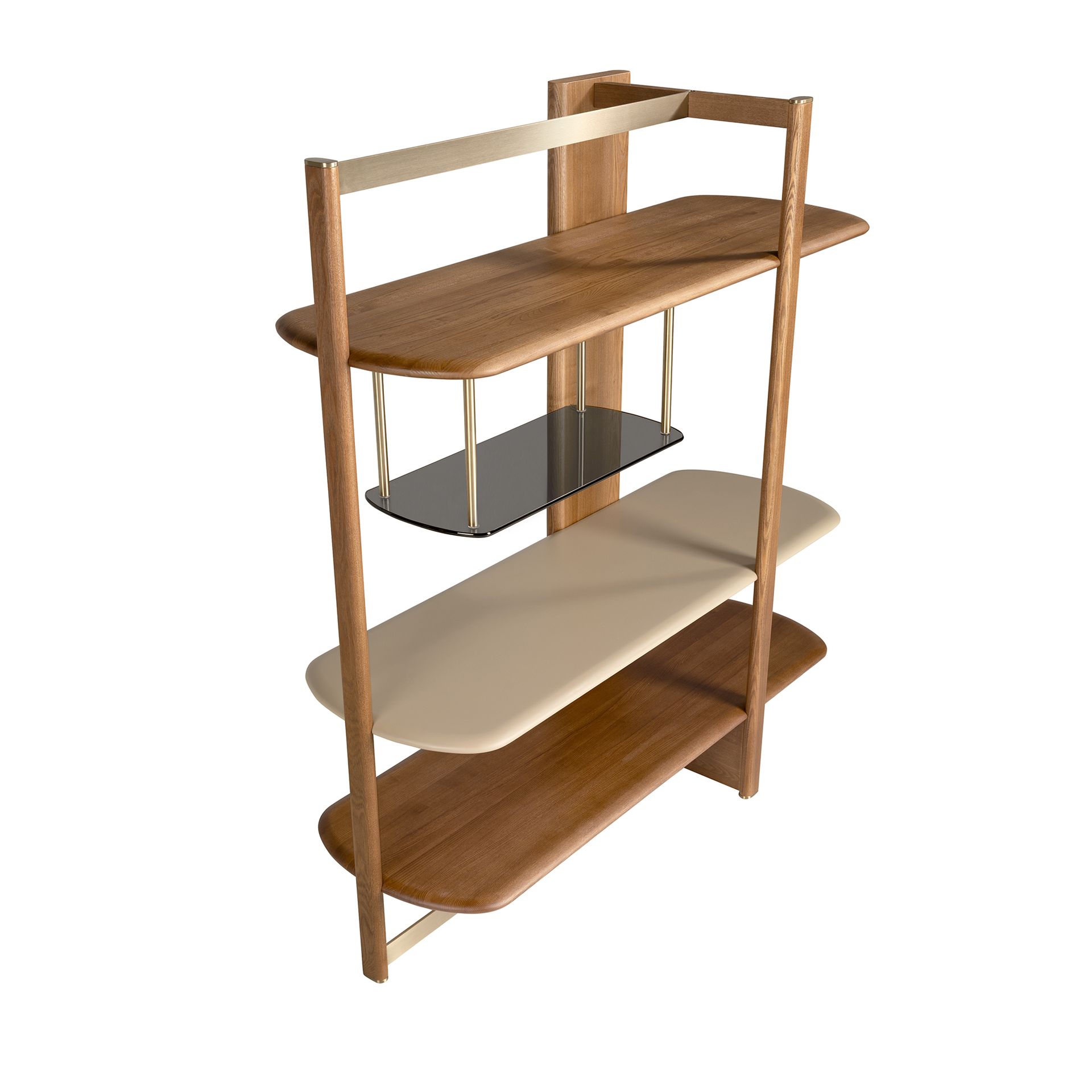 Right rectangular shelving unit in light walnut and greige-coloured wood