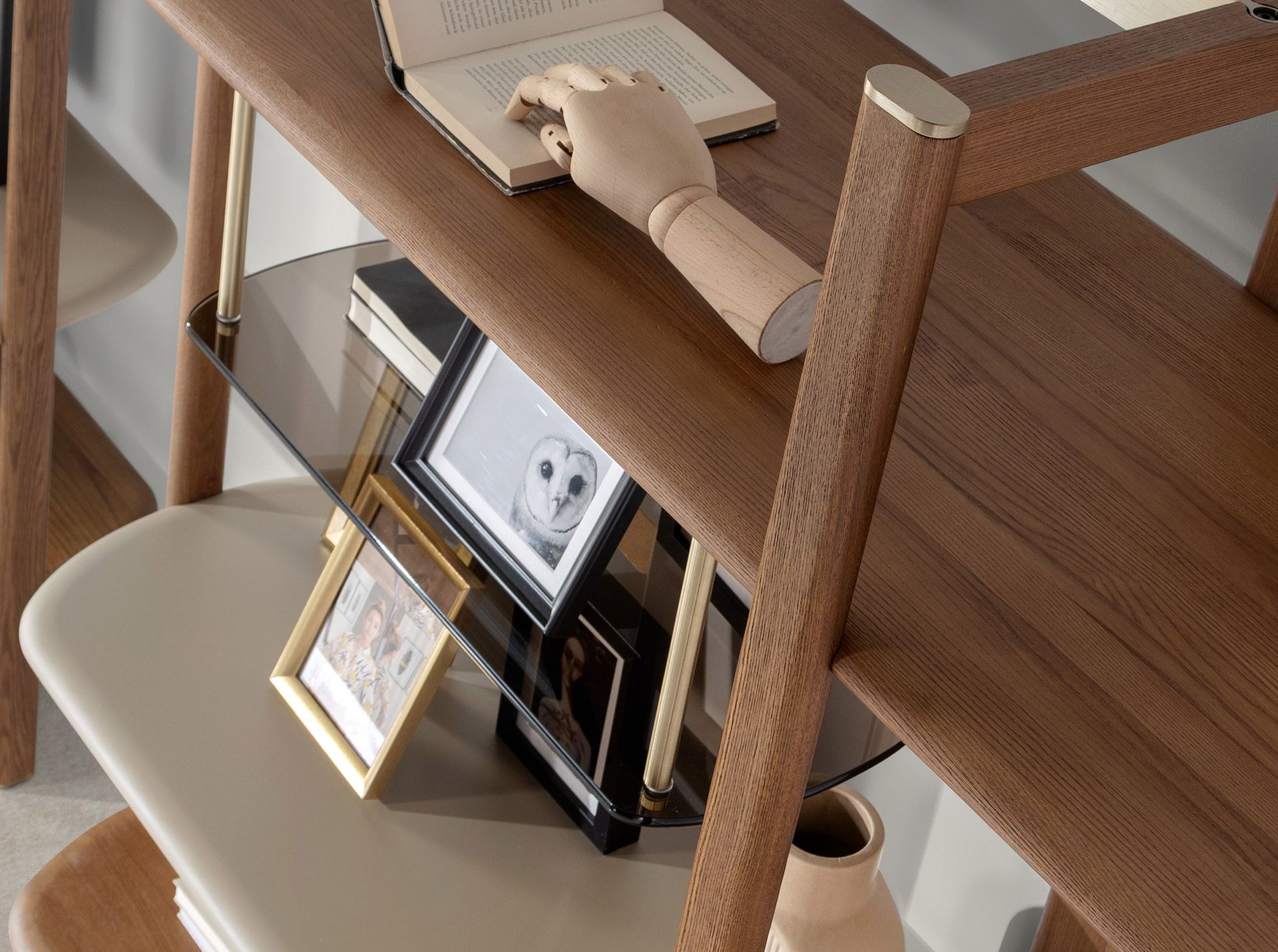Right rectangular shelving unit in light walnut and greige-coloured wood
