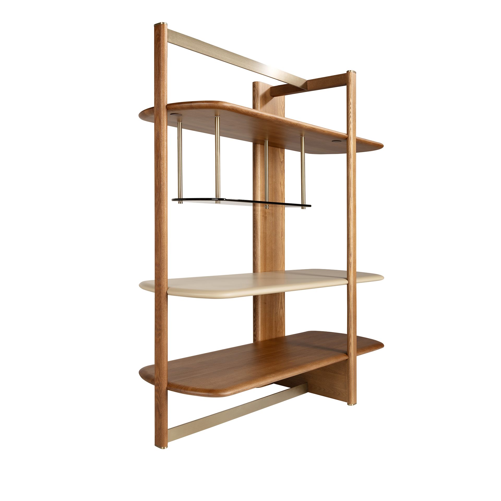 Right rectangular shelving unit in light walnut and greige-coloured wood