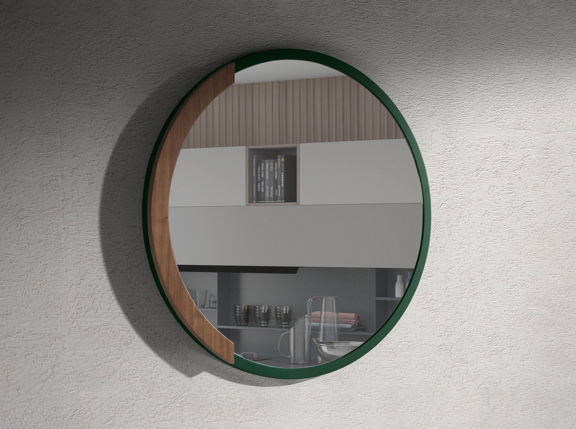 Round Green MDF wood wall mirror