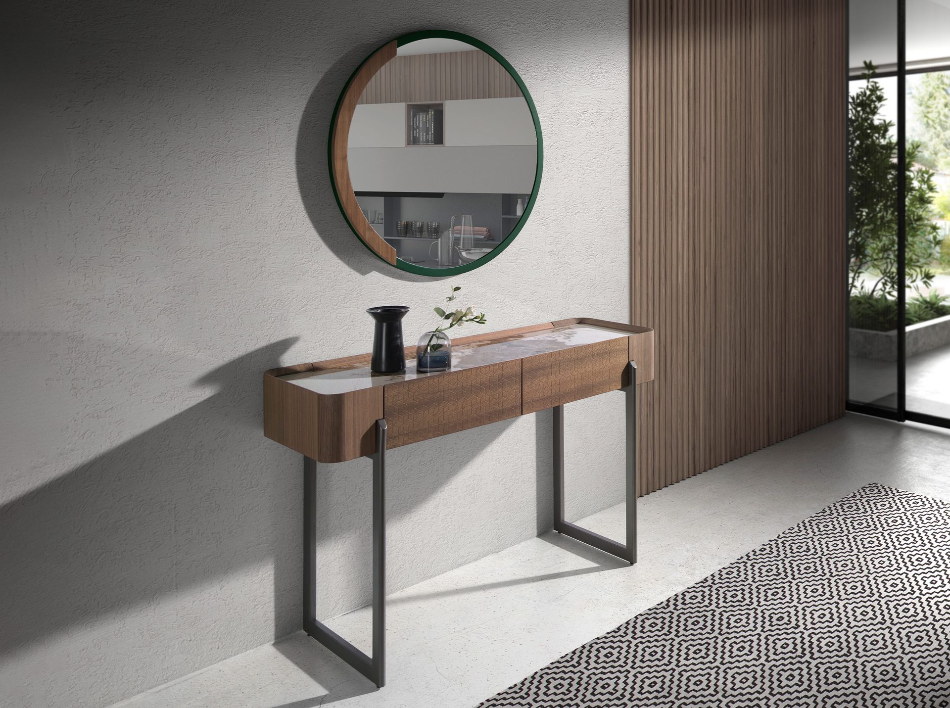 Round Green MDF wood wall mirror