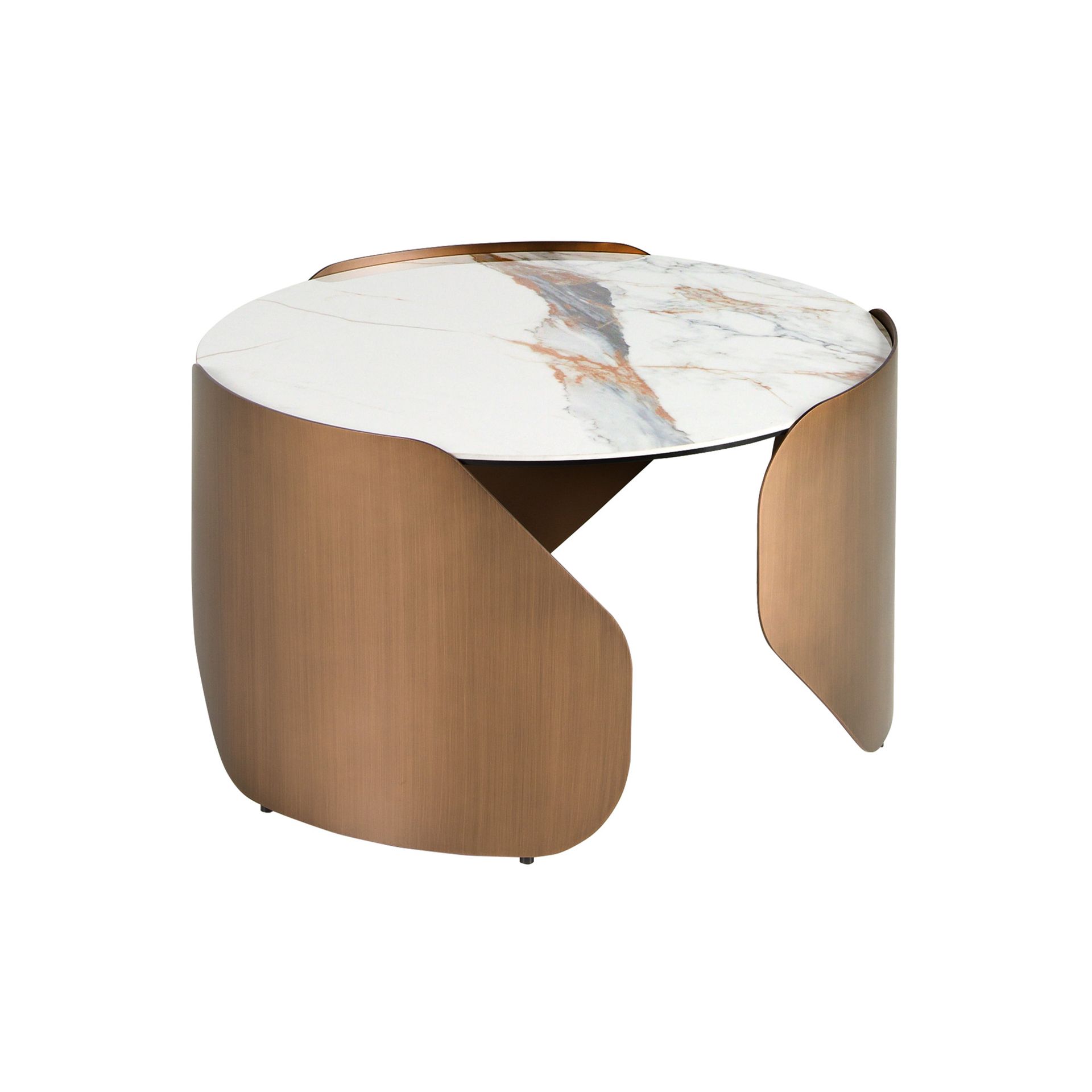 Round centre table in porcelain marble and bronze-coloured steel