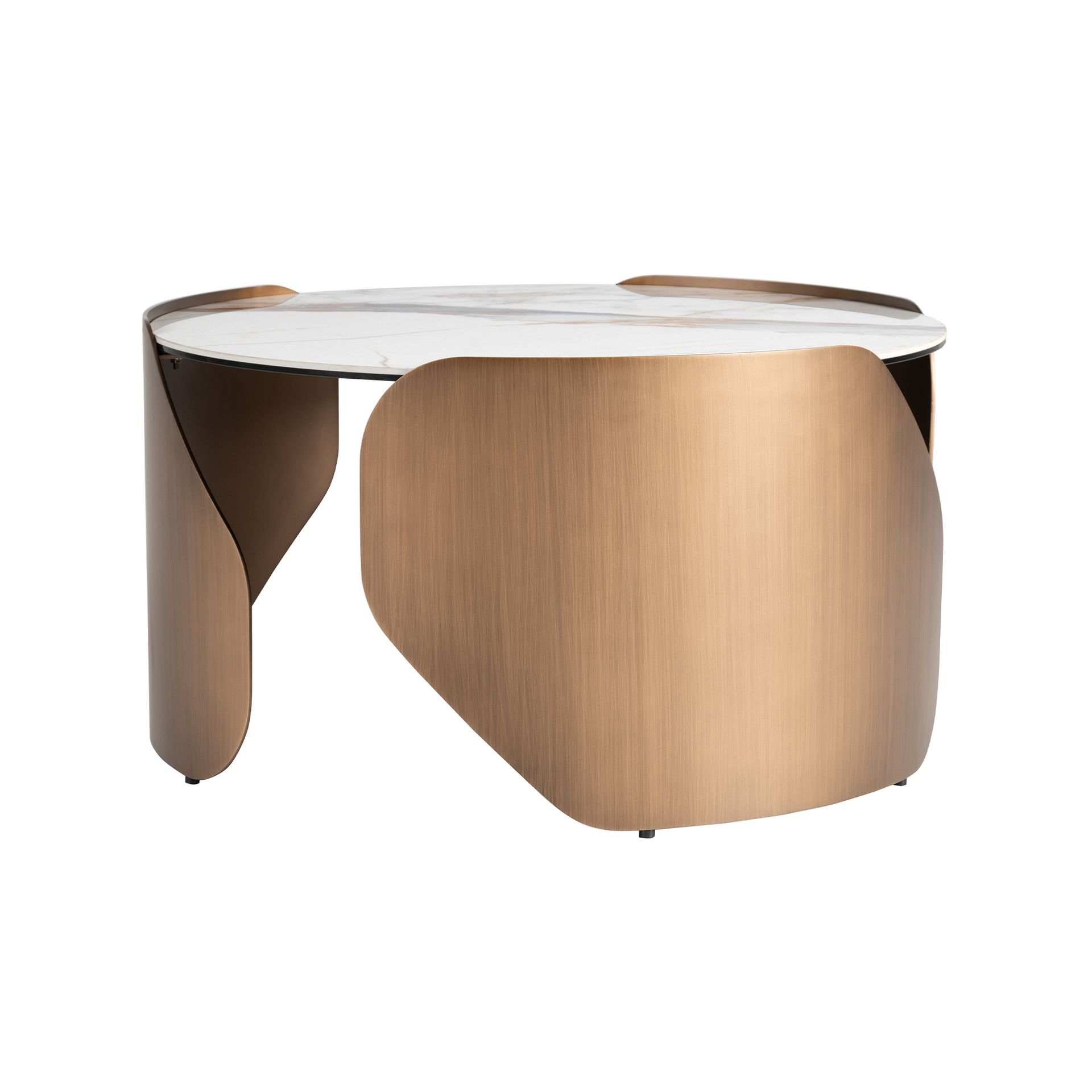 Round centre table in porcelain marble and bronze-coloured steel