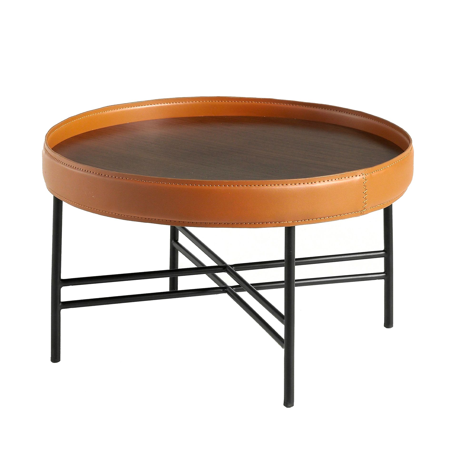 Round coffee table in leatherette, walnut and black steel