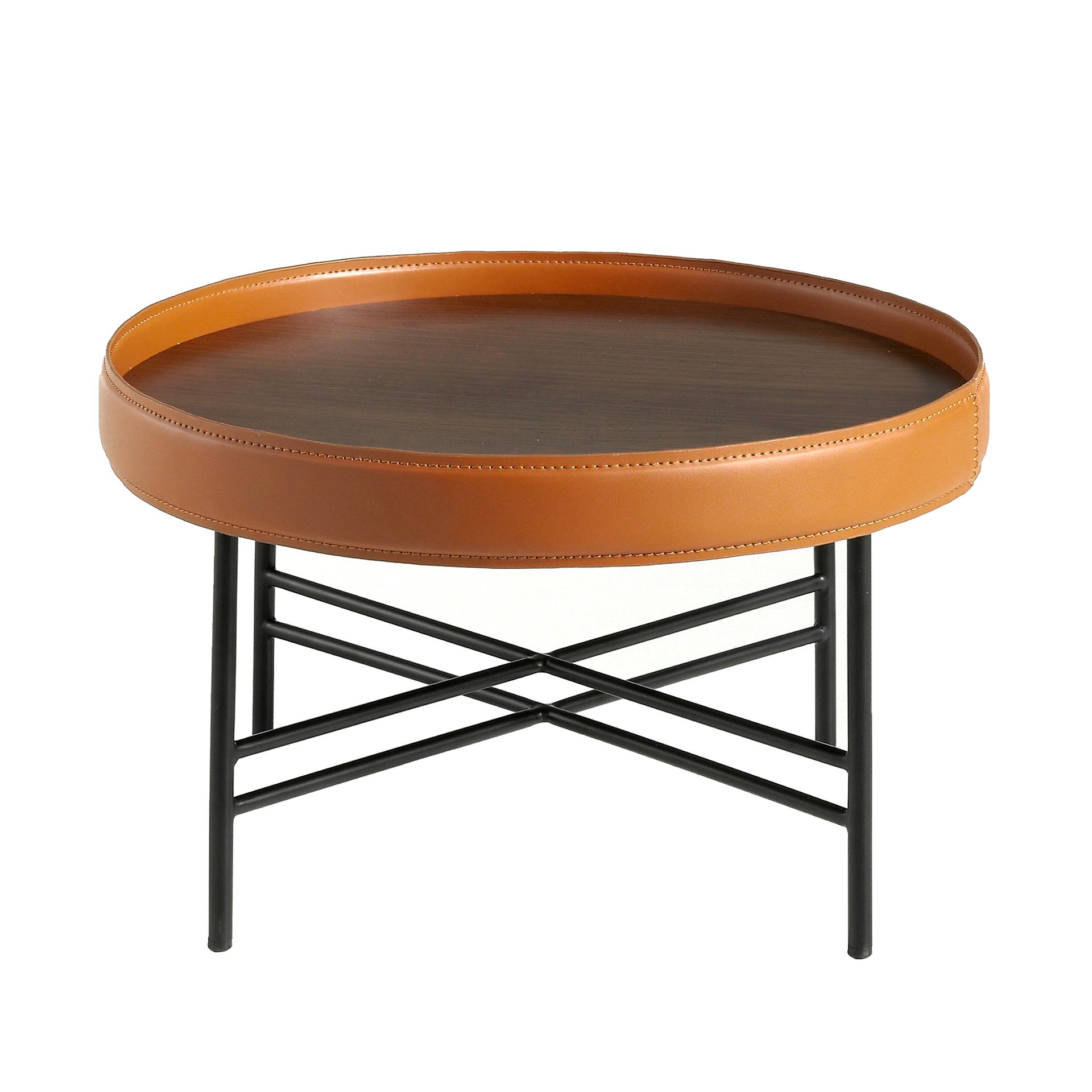 Round coffee table in leatherette, walnut and black steel
