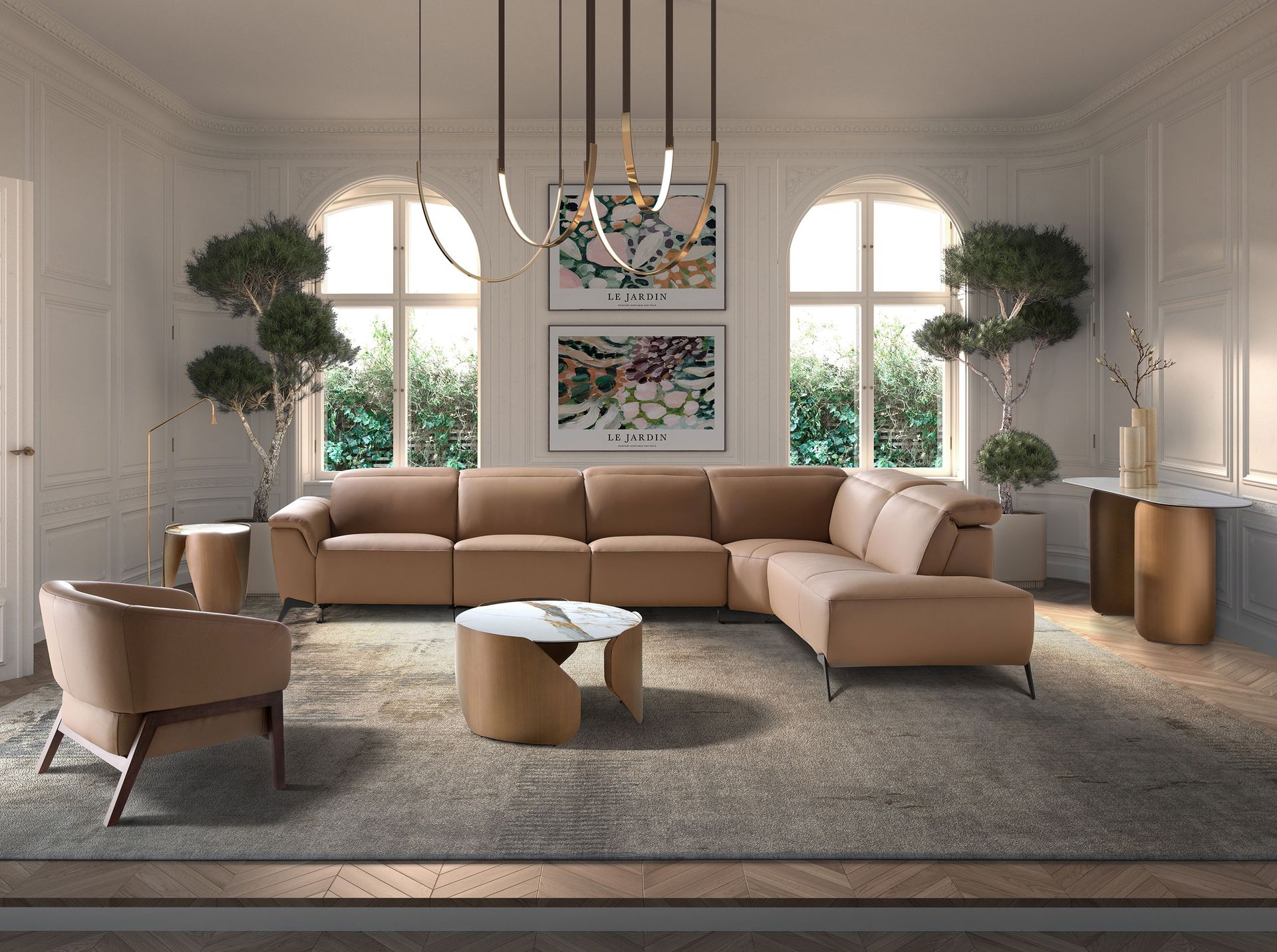 Round centre table in porcelain marble and bronze-coloured steel