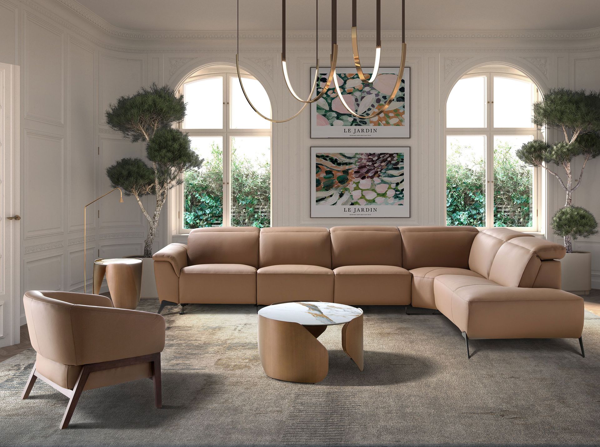 Round centre table in porcelain marble and bronze-coloured steel
