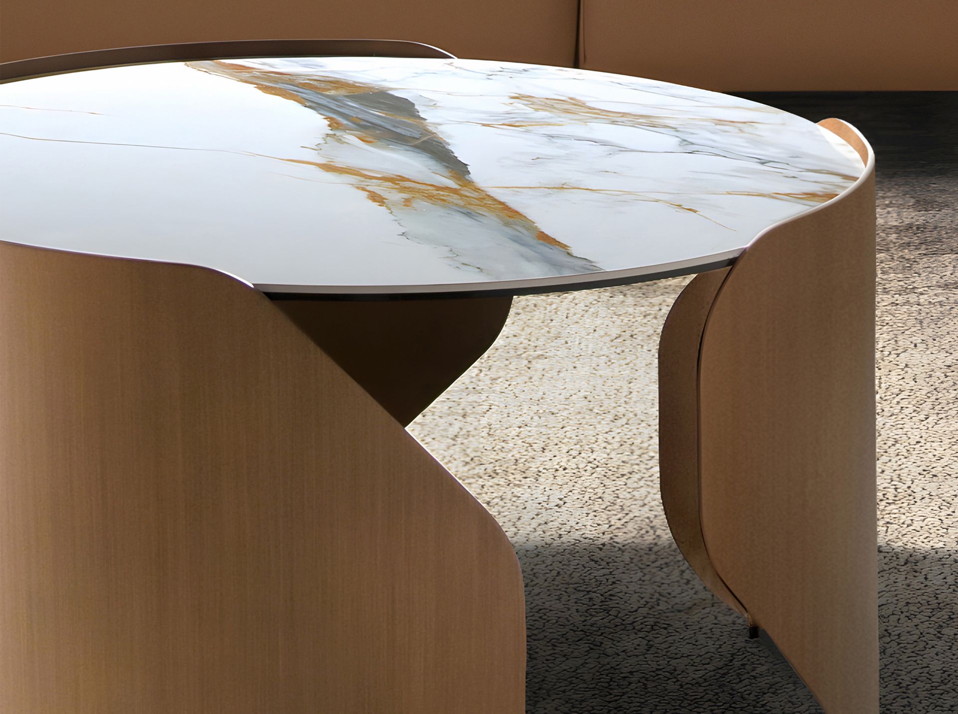 Round centre table in porcelain marble and bronze-coloured steel
