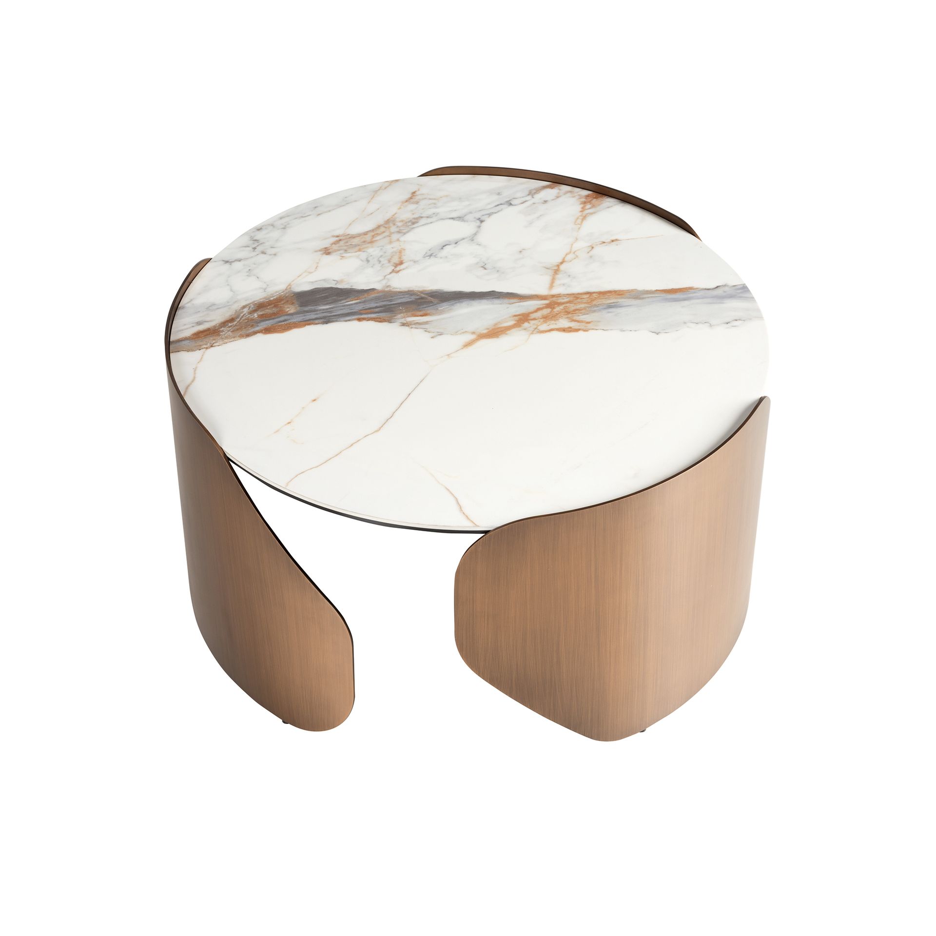 Round centre table in porcelain marble and bronze-coloured steel