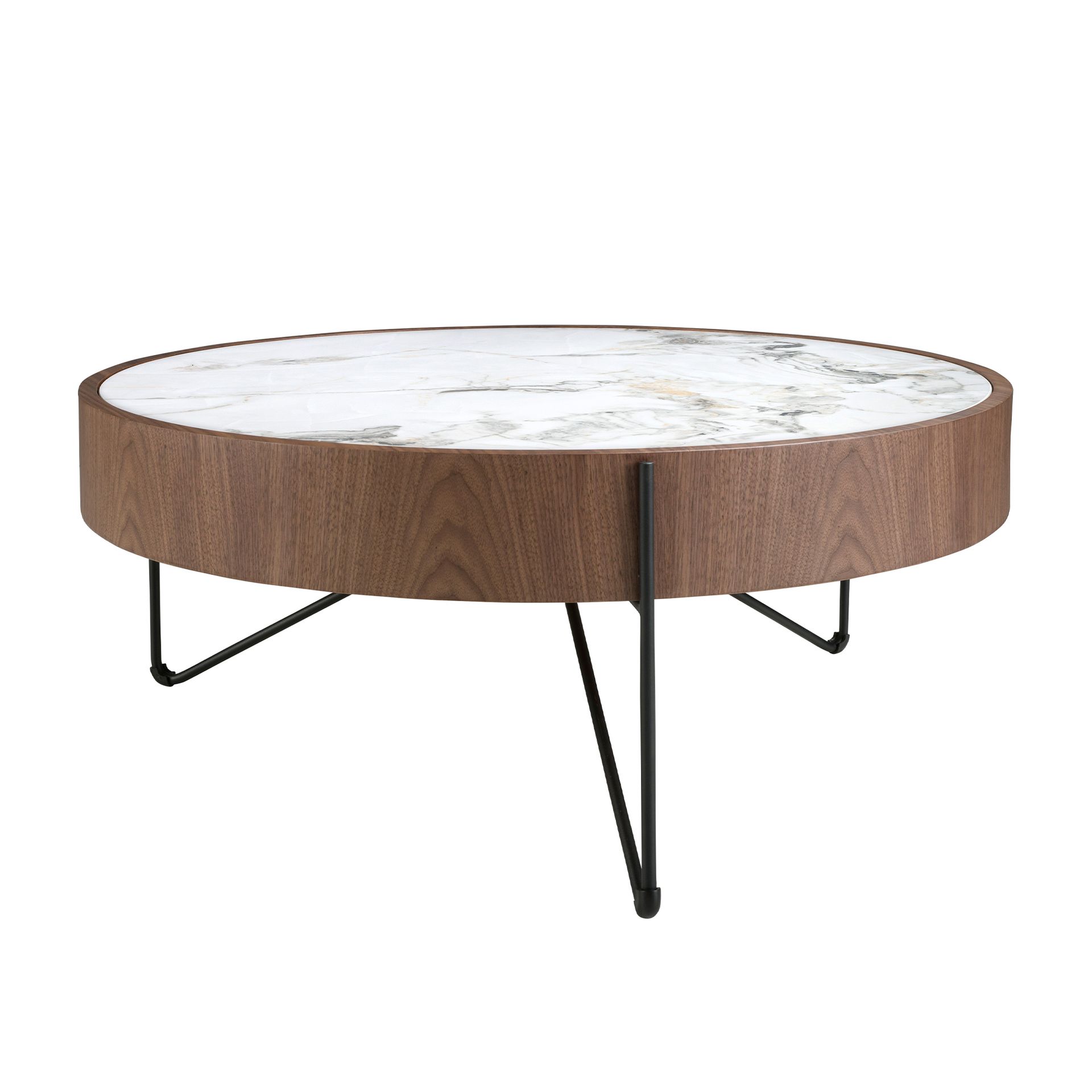Round coffee table in porcelain marble, walnut and black steel