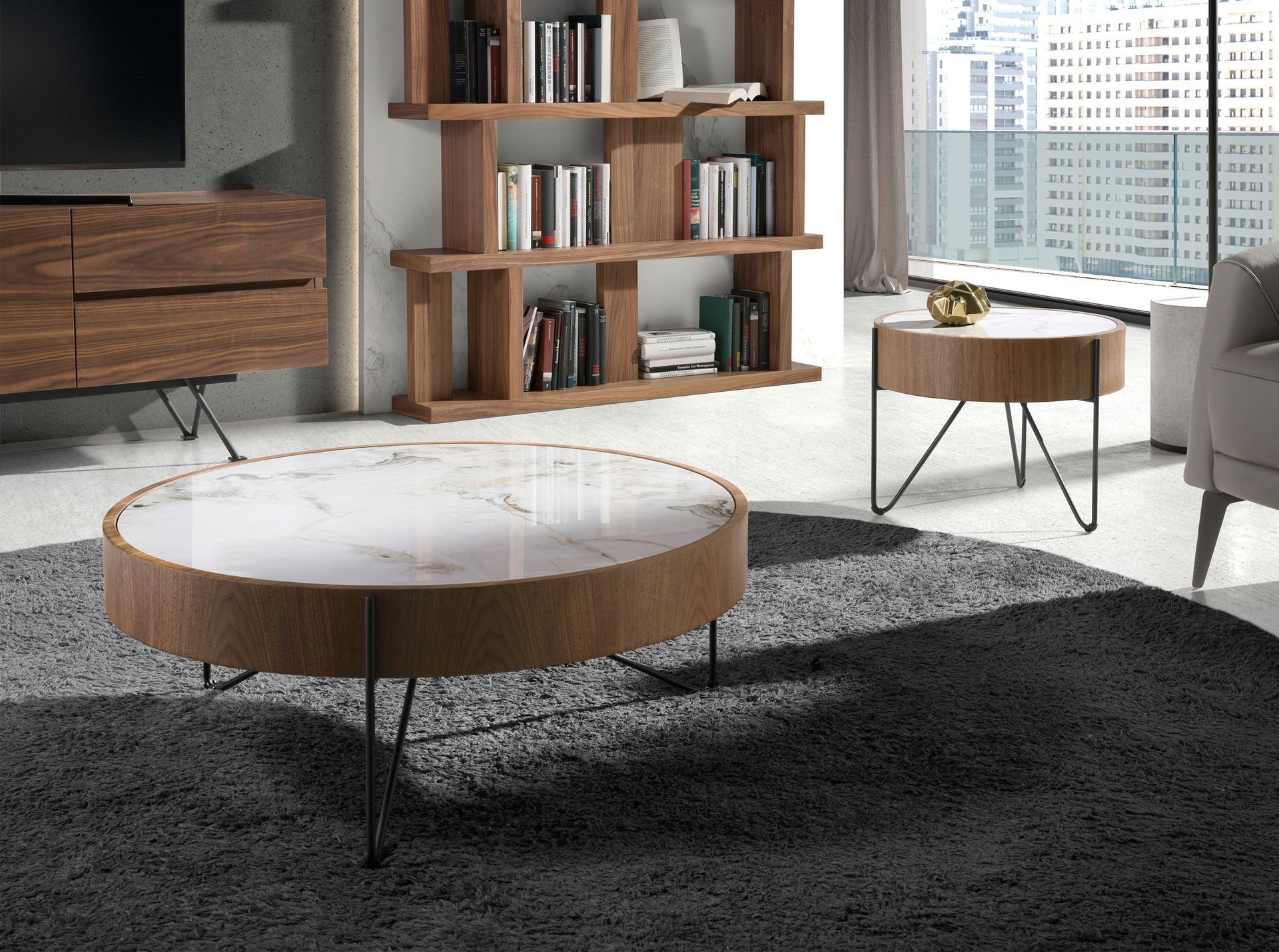 Round coffee table in porcelain marble, walnut and black steel