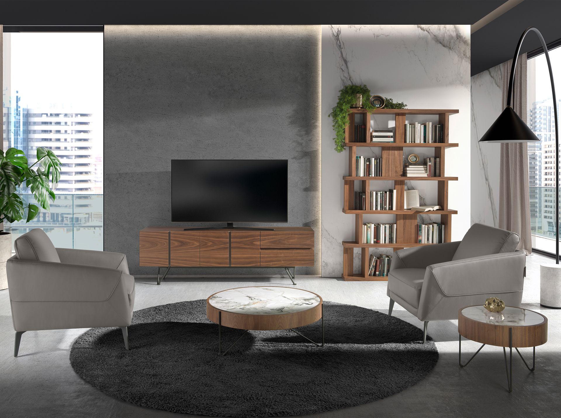Round coffee table in porcelain marble, walnut and black steel
