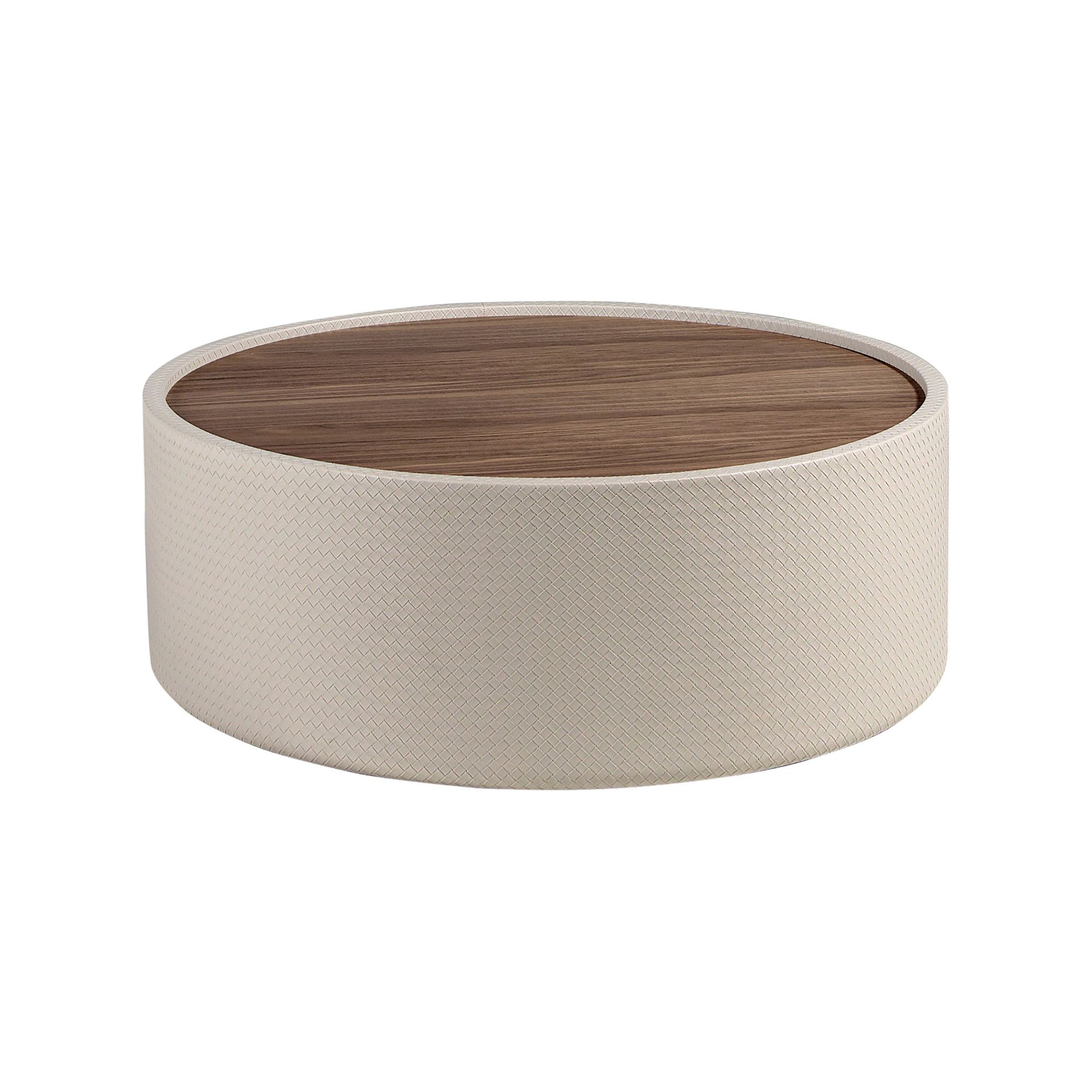 Round coffee table in walnut and wood upholstered in sand-coloured leatherette