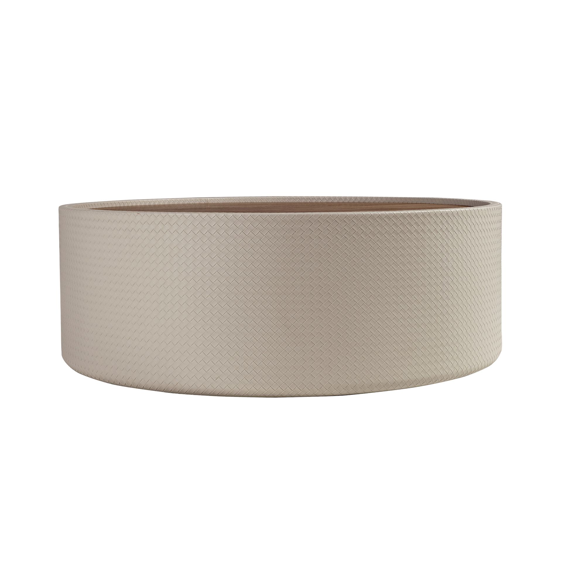 Round coffee table in walnut and wood upholstered in sand-coloured leatherette