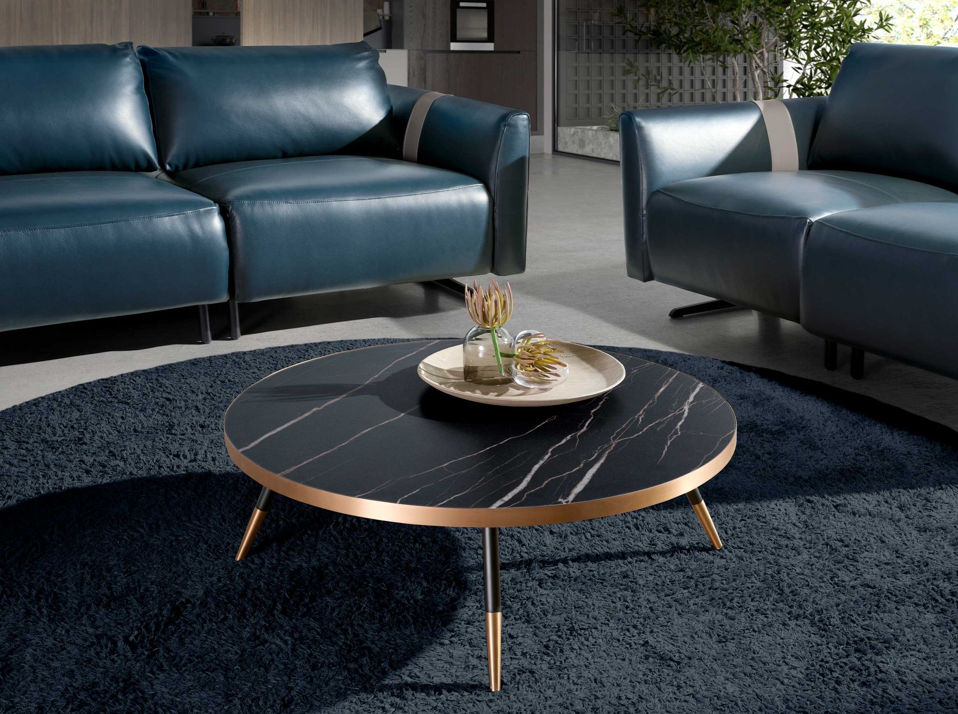 Round coffee table porcelain marble and black steel