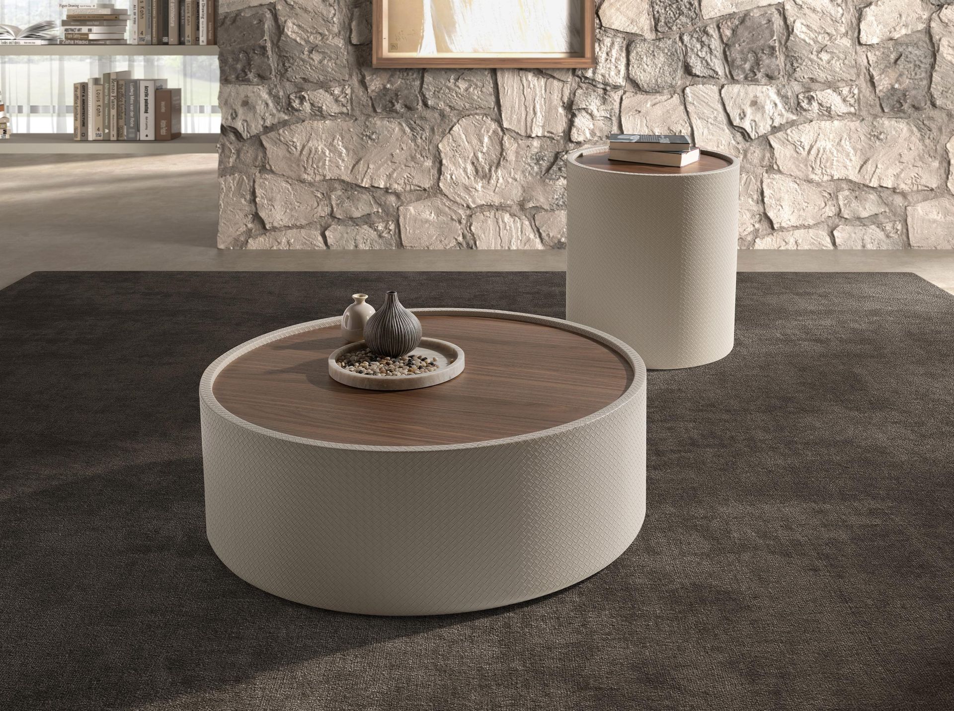 Round coffee table in walnut and wood upholstered in sand-coloured leatherette