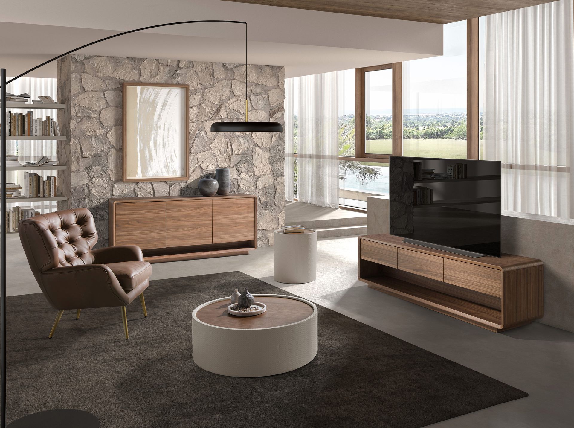Round coffee table in walnut and wood upholstered in sand-coloured leatherette