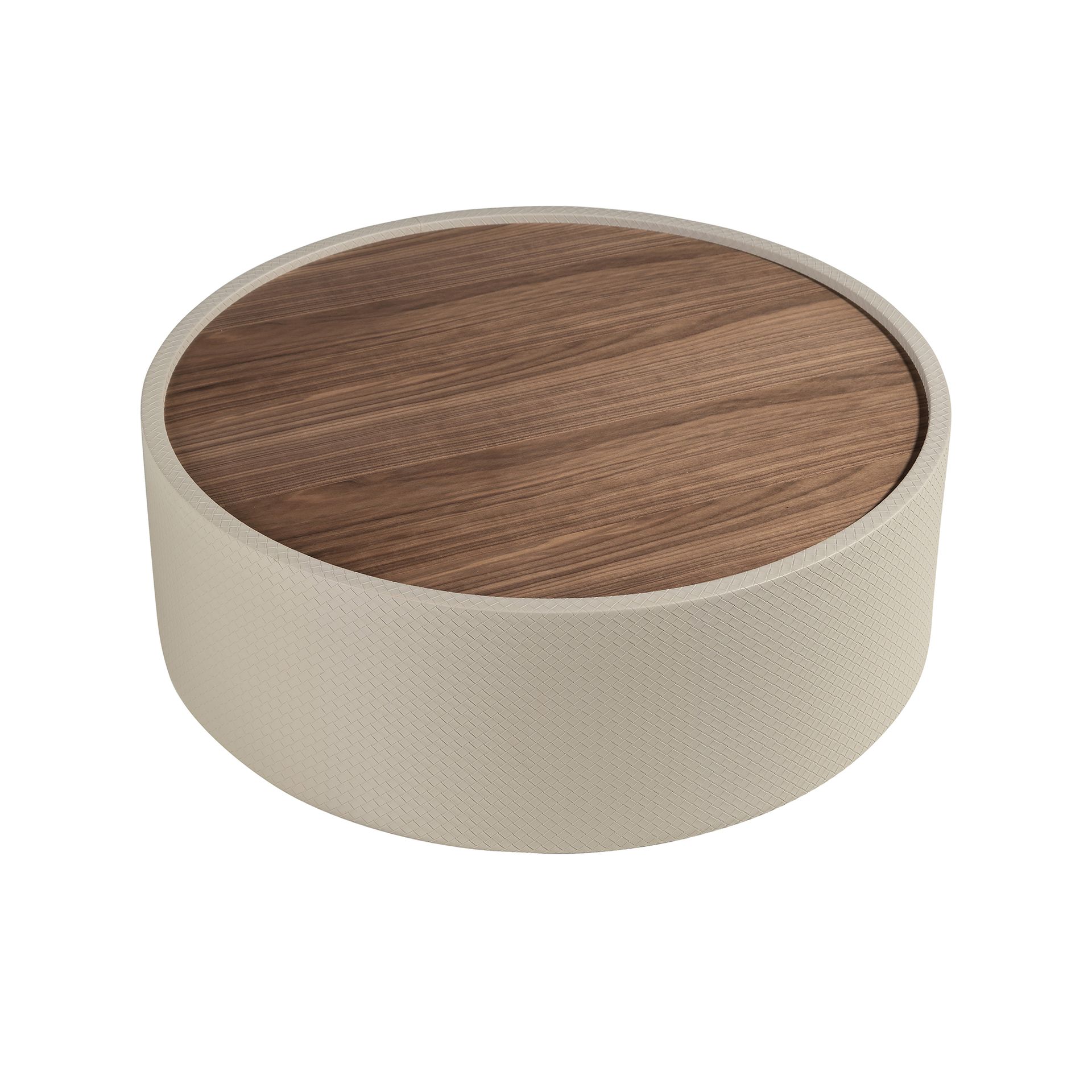Round coffee table in walnut and wood upholstered in sand-coloured leatherette
