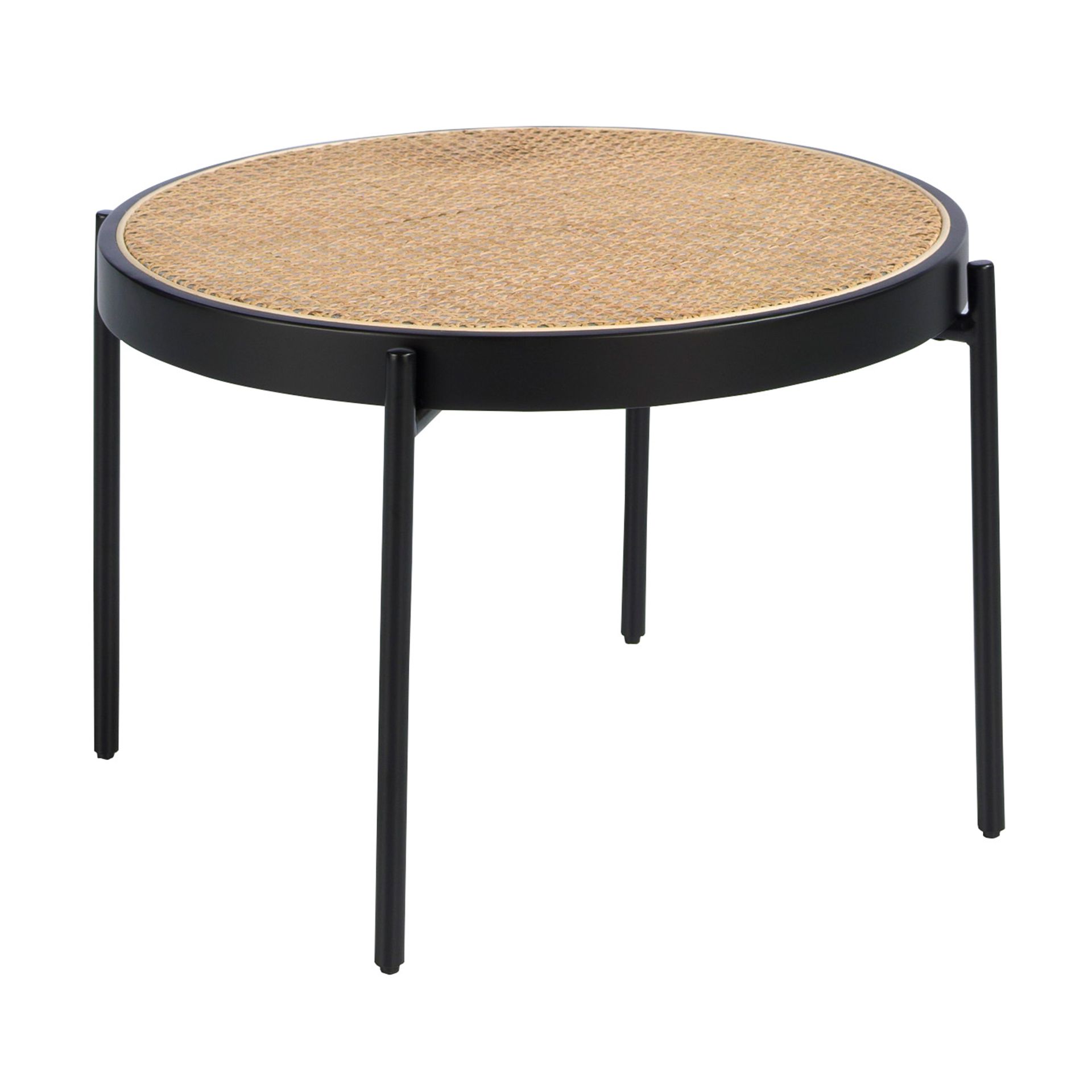 Round coffee table rattan, black wood and black steel