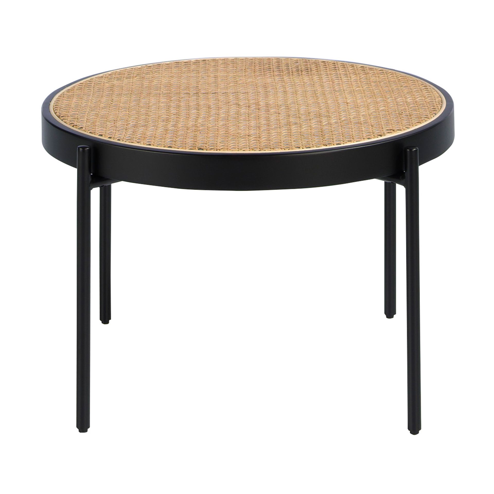 Round coffee table rattan, black wood and black steel