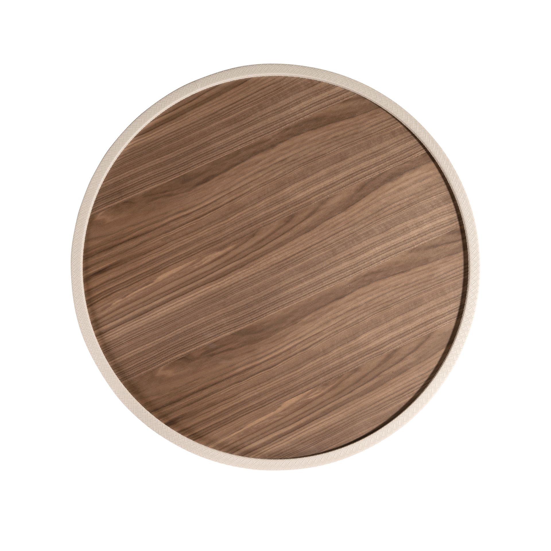 Round coffee table in walnut and wood upholstered in sand-coloured leatherette