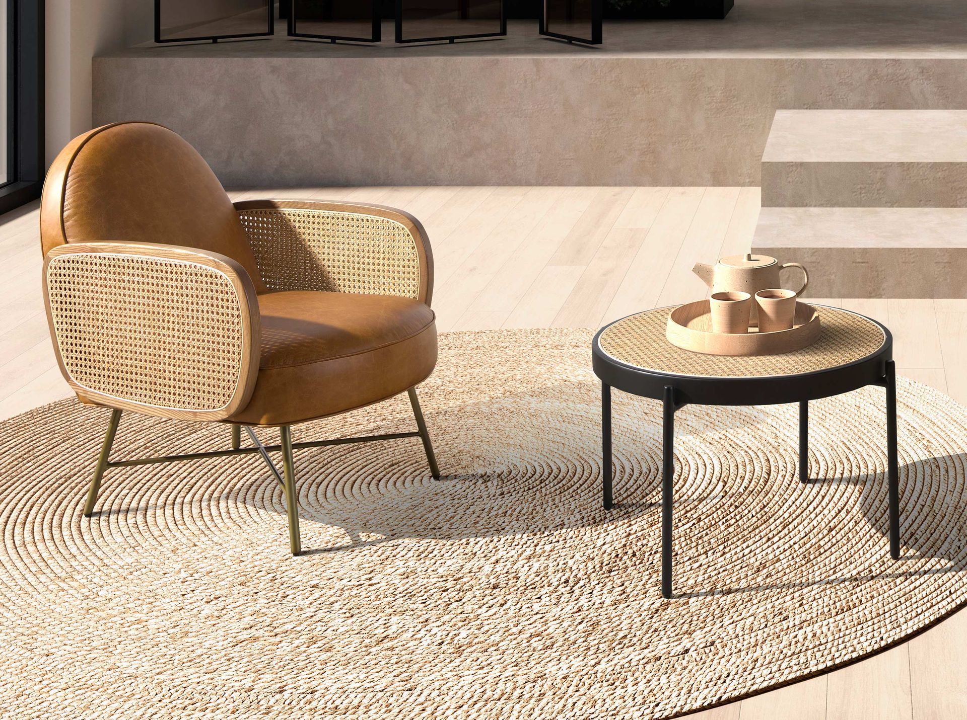 Round coffee table rattan, black wood and black steel