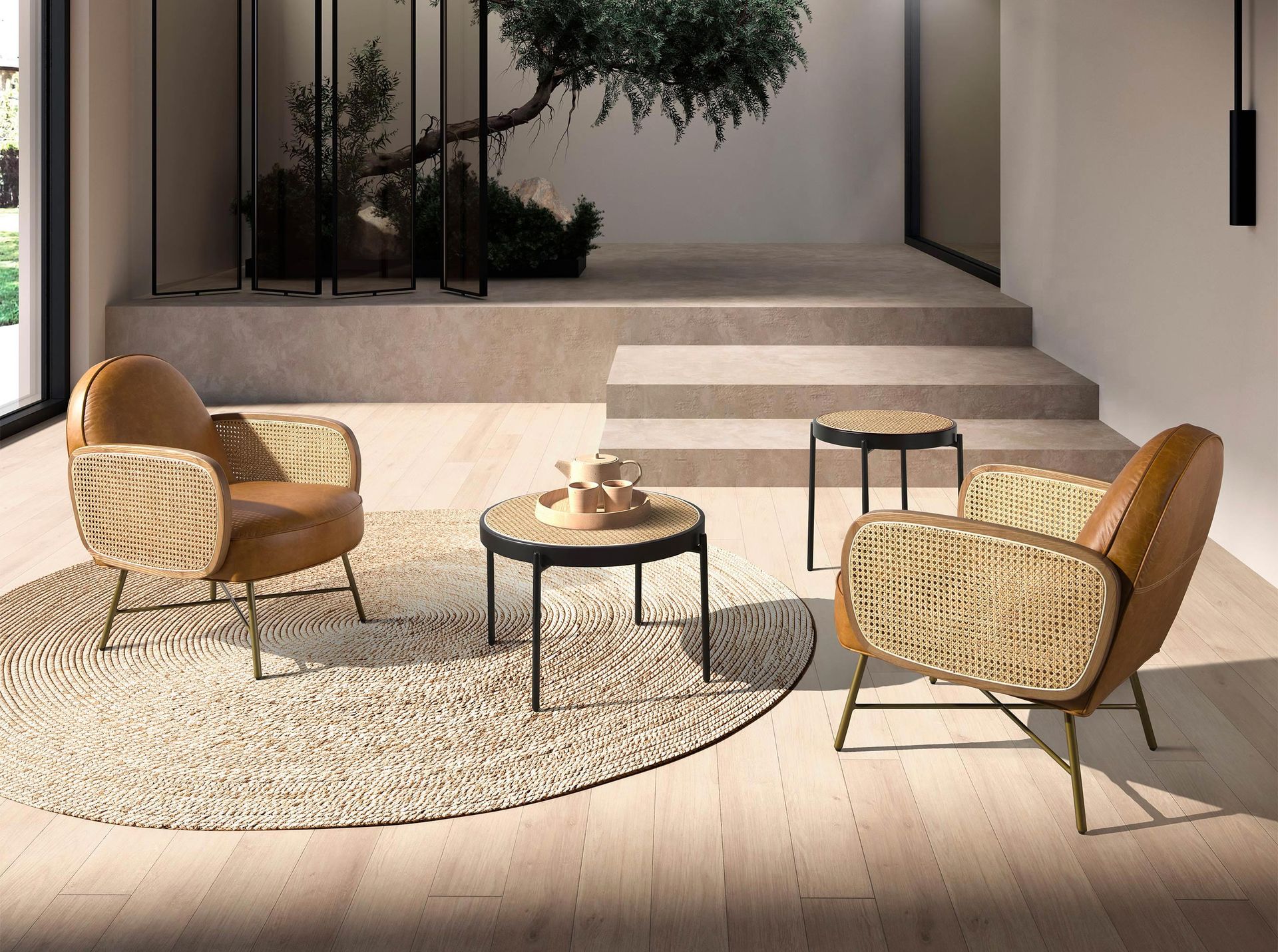 Round coffee table rattan, black wood and black steel