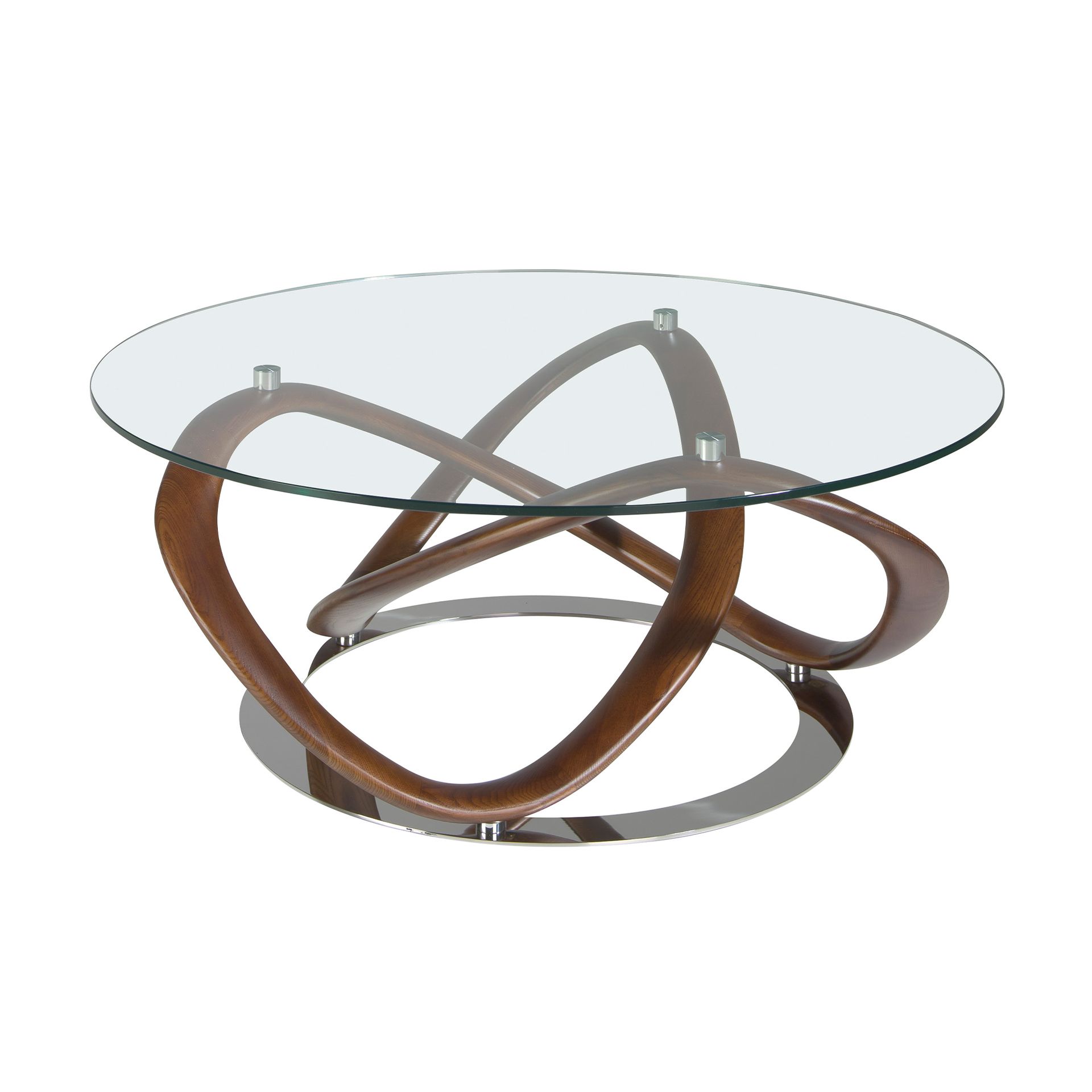 Round coffee table tempered glass, walnut and chrome-plated steel