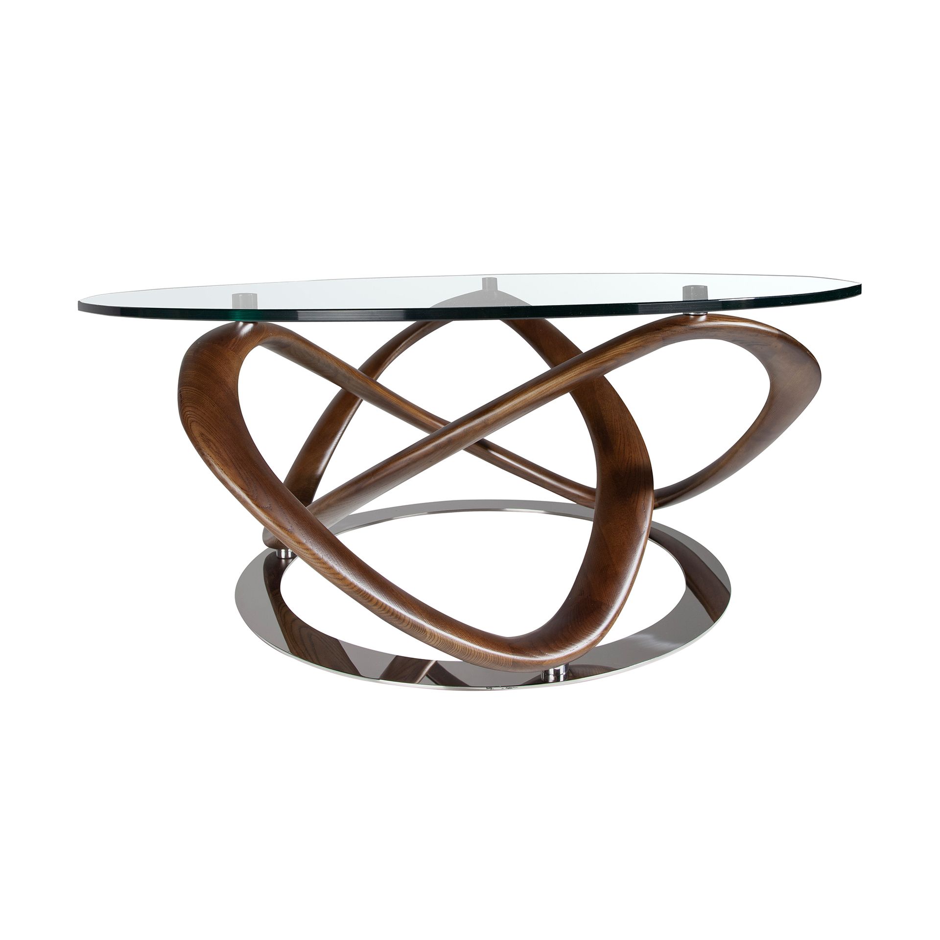 Round coffee table tempered glass, walnut and chrome-plated steel