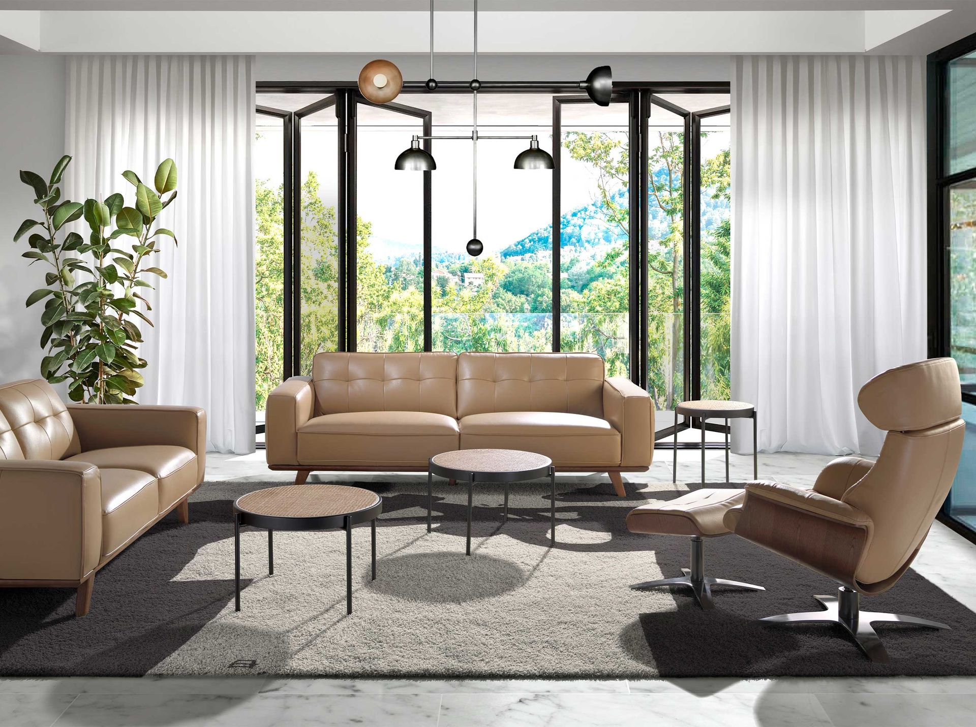 Round coffee table rattan, black wood and black steel