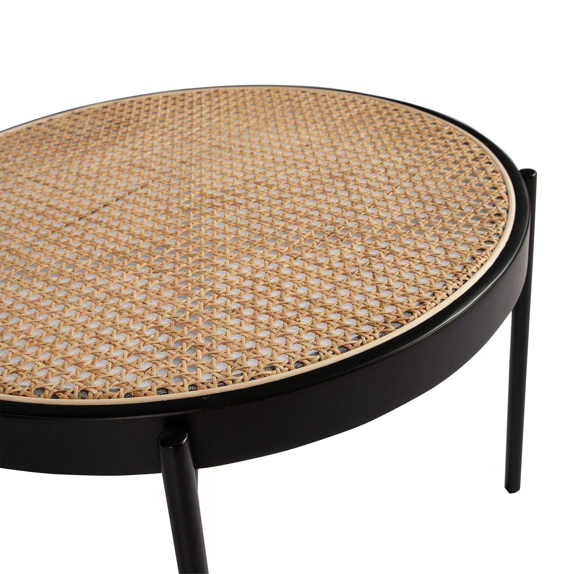 Round coffee table rattan, black wood and black steel