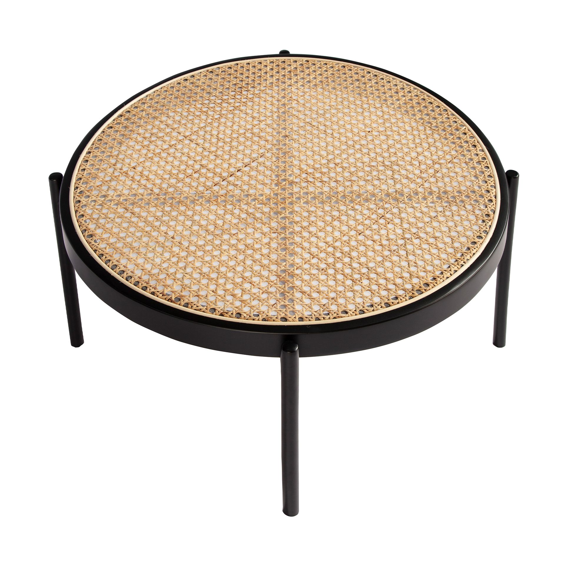 Round coffee table rattan, black wood and black steel
