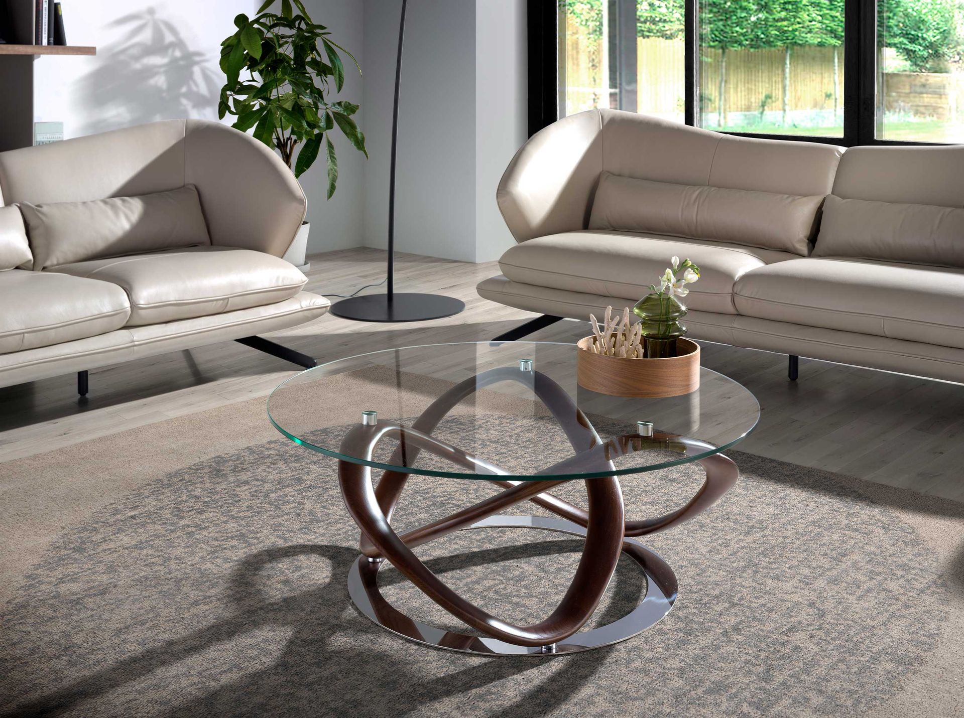 Round coffee table tempered glass, walnut and chrome-plated steel