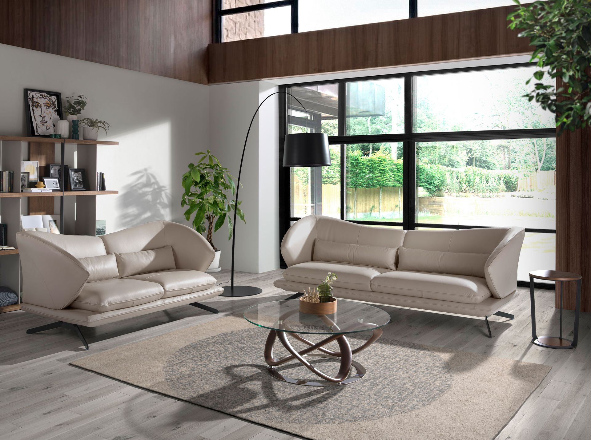 Round coffee table tempered glass, walnut and chrome-plated steel