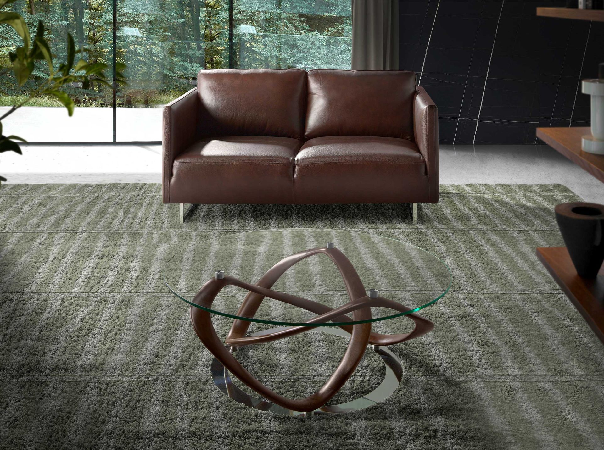 Round coffee table tempered glass, walnut and chrome-plated steel